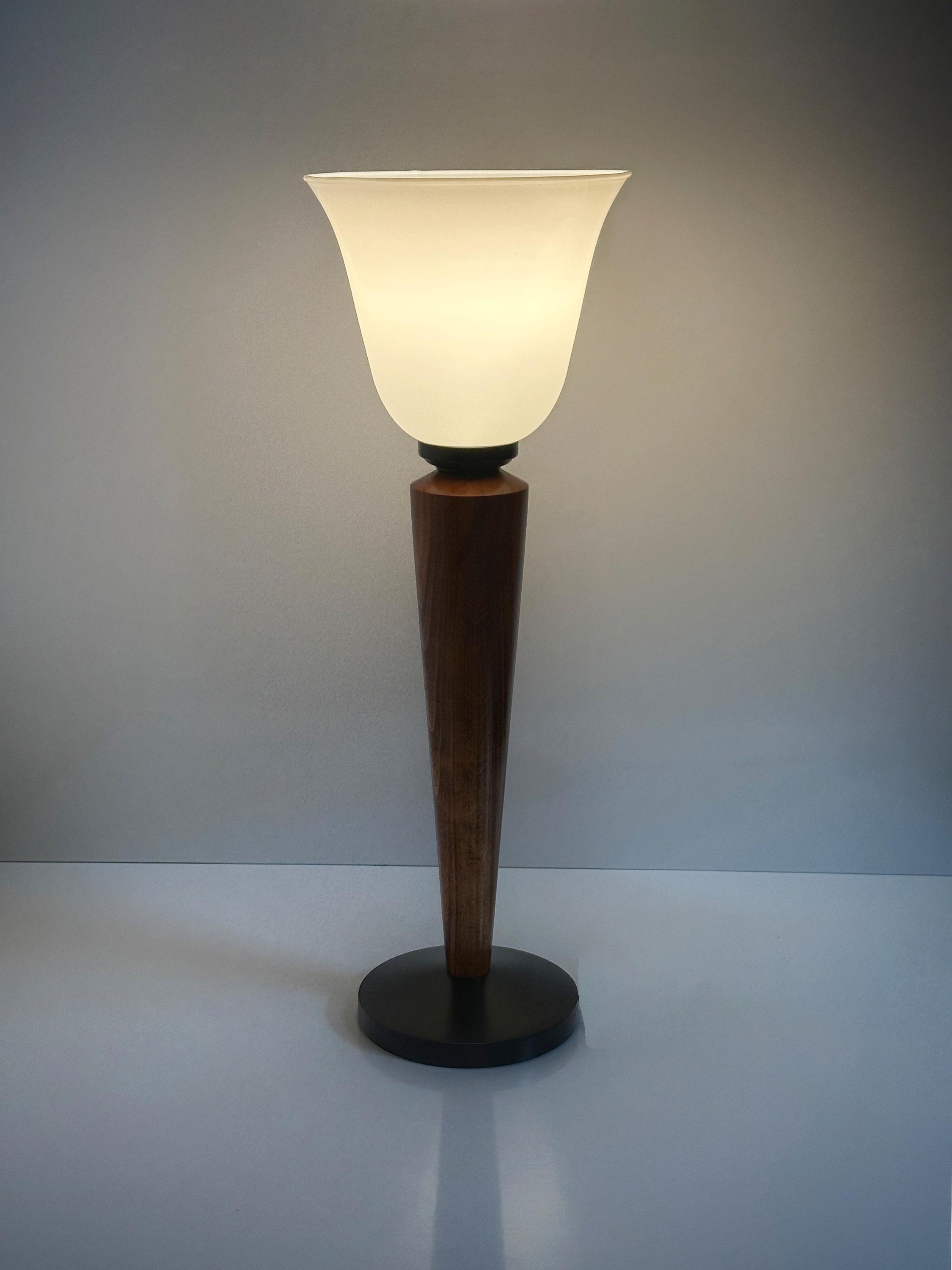 2x Vintage Art Deco Tischlampe Milchglas Holz 1980er Jahre