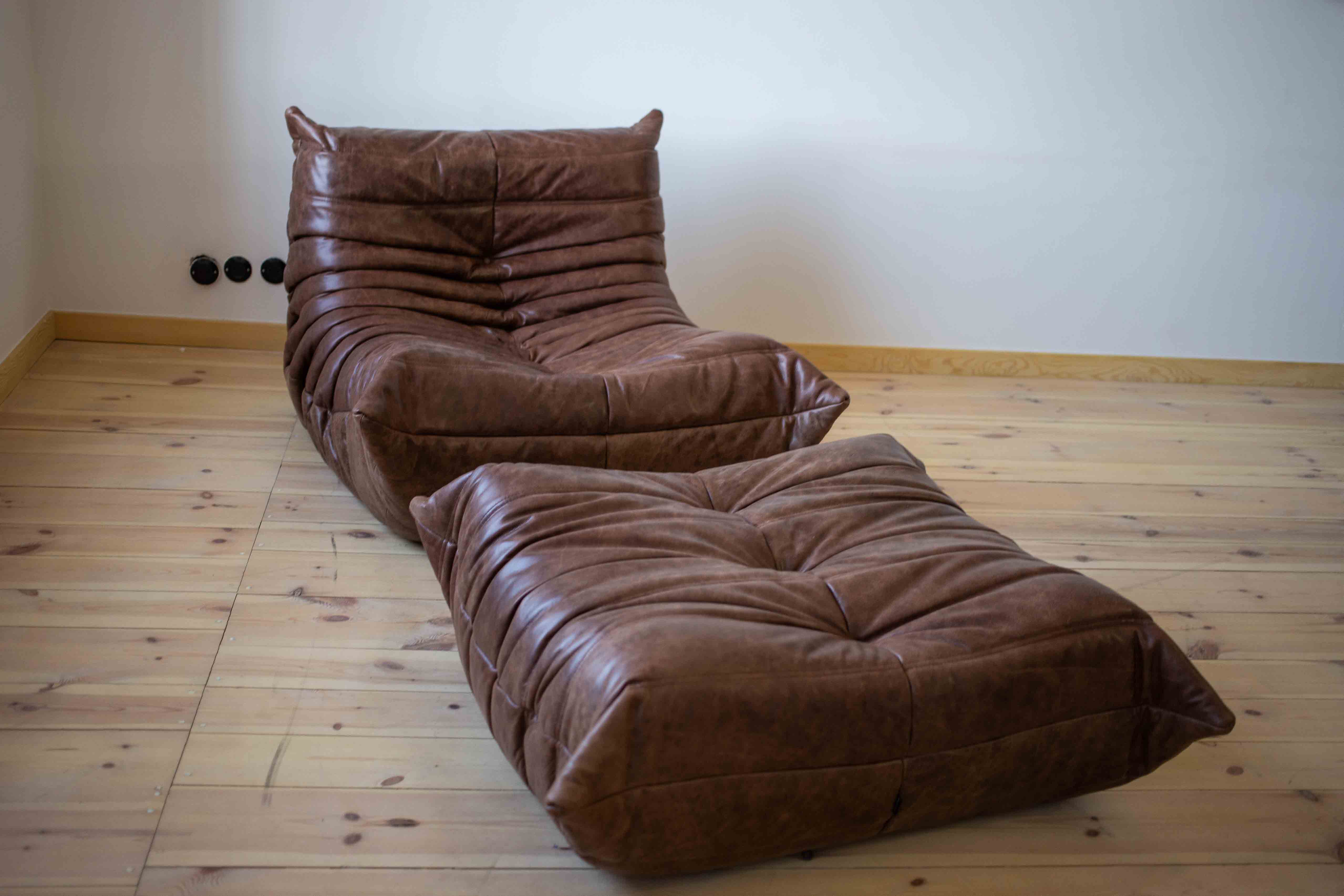 Togo Armchair and Ottoman Set Pull-Up Leather Walnut Brown