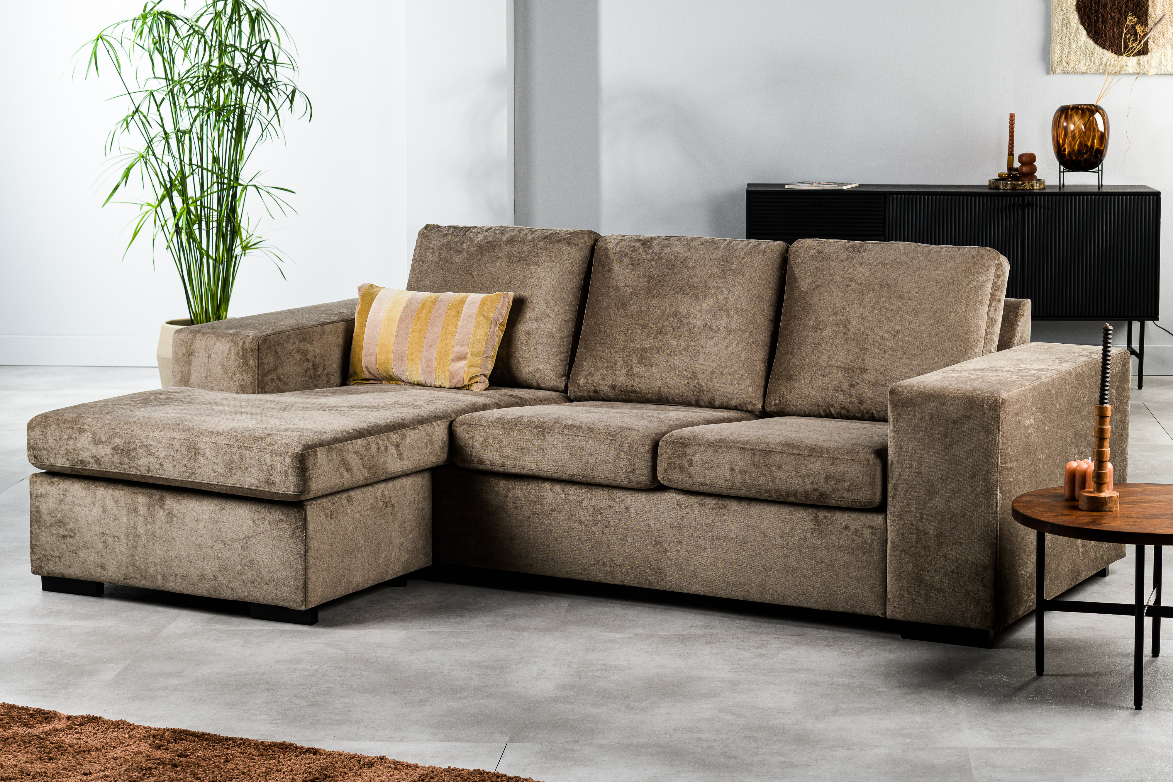 Divano 3 Posti Chaiselongue Sinistra Tessuto Marrone