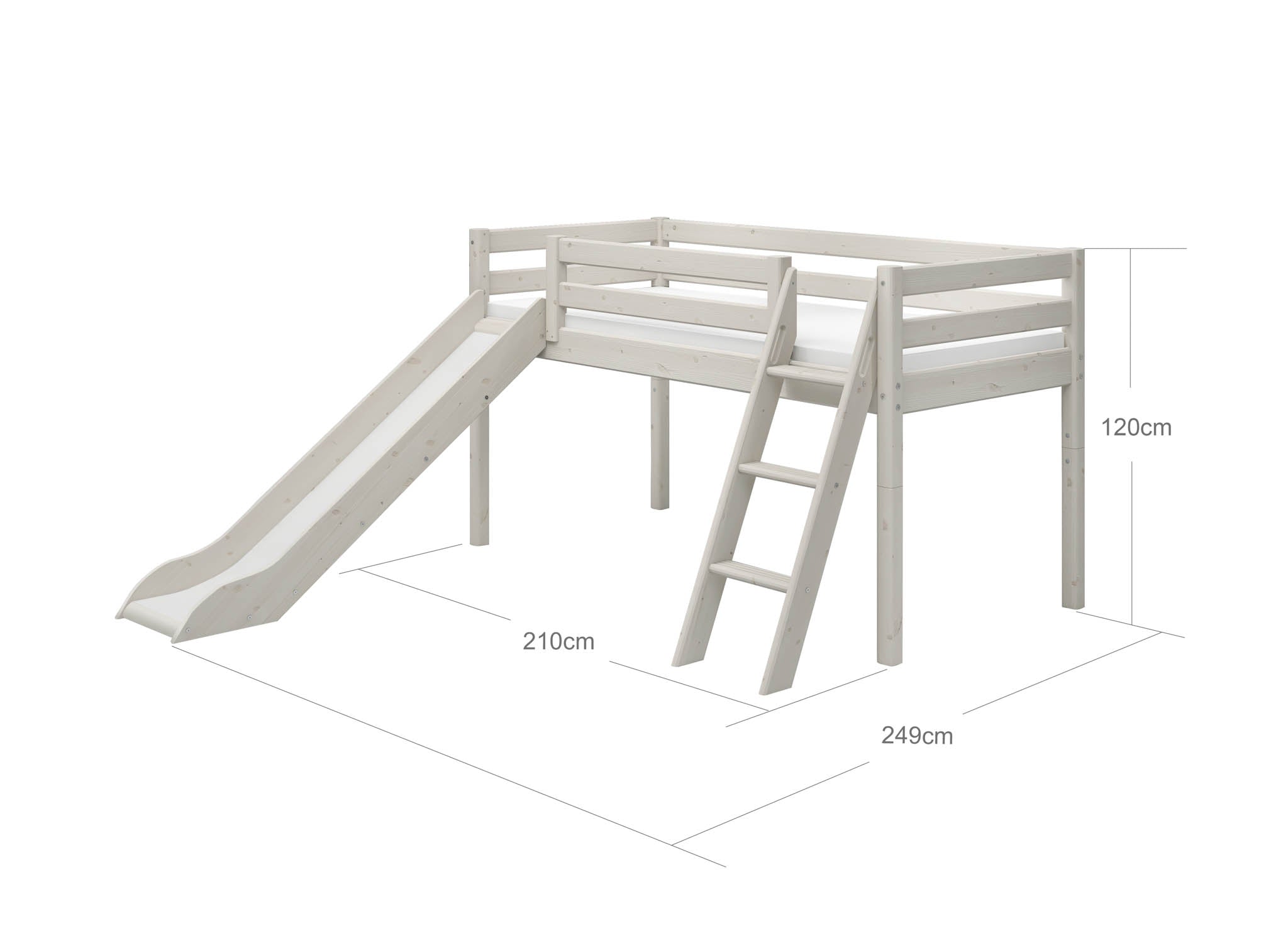 Mittelhohes Bett mit Schräger Leiter und Rutsche Holz Weiß