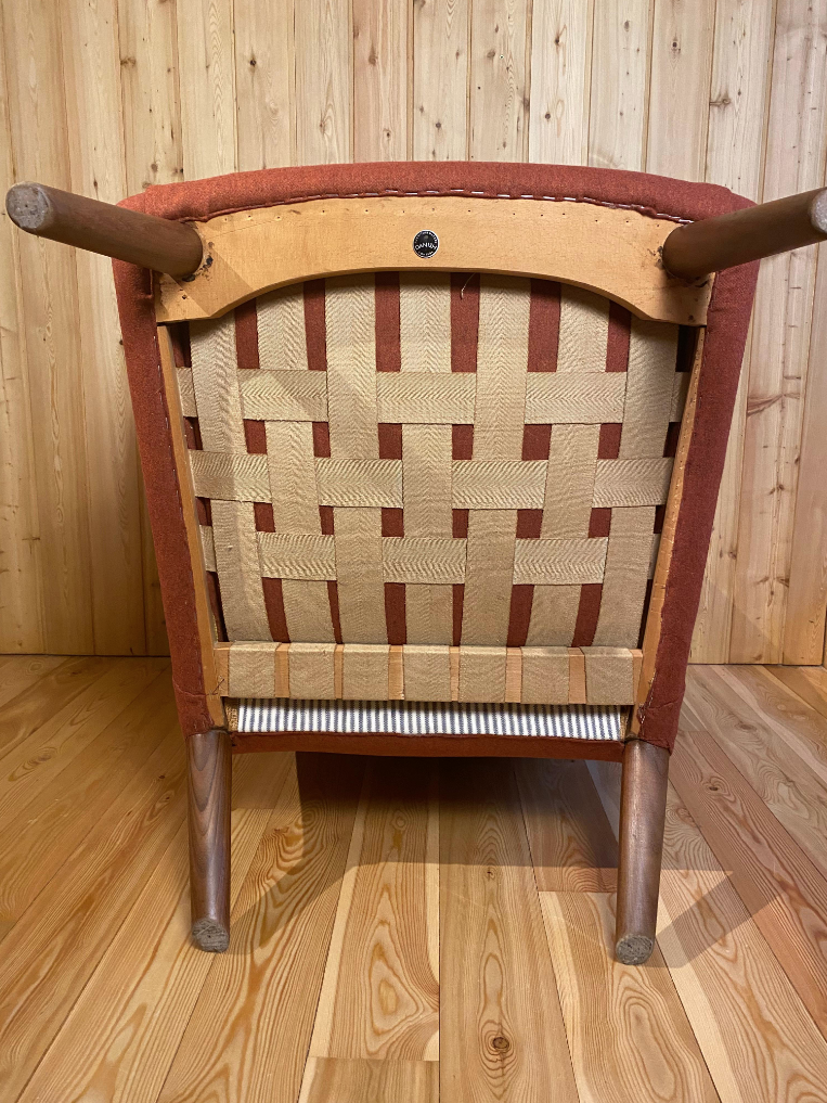 Vintage Hans J. Wegner Papabär Stuhl Textil Holz Rot