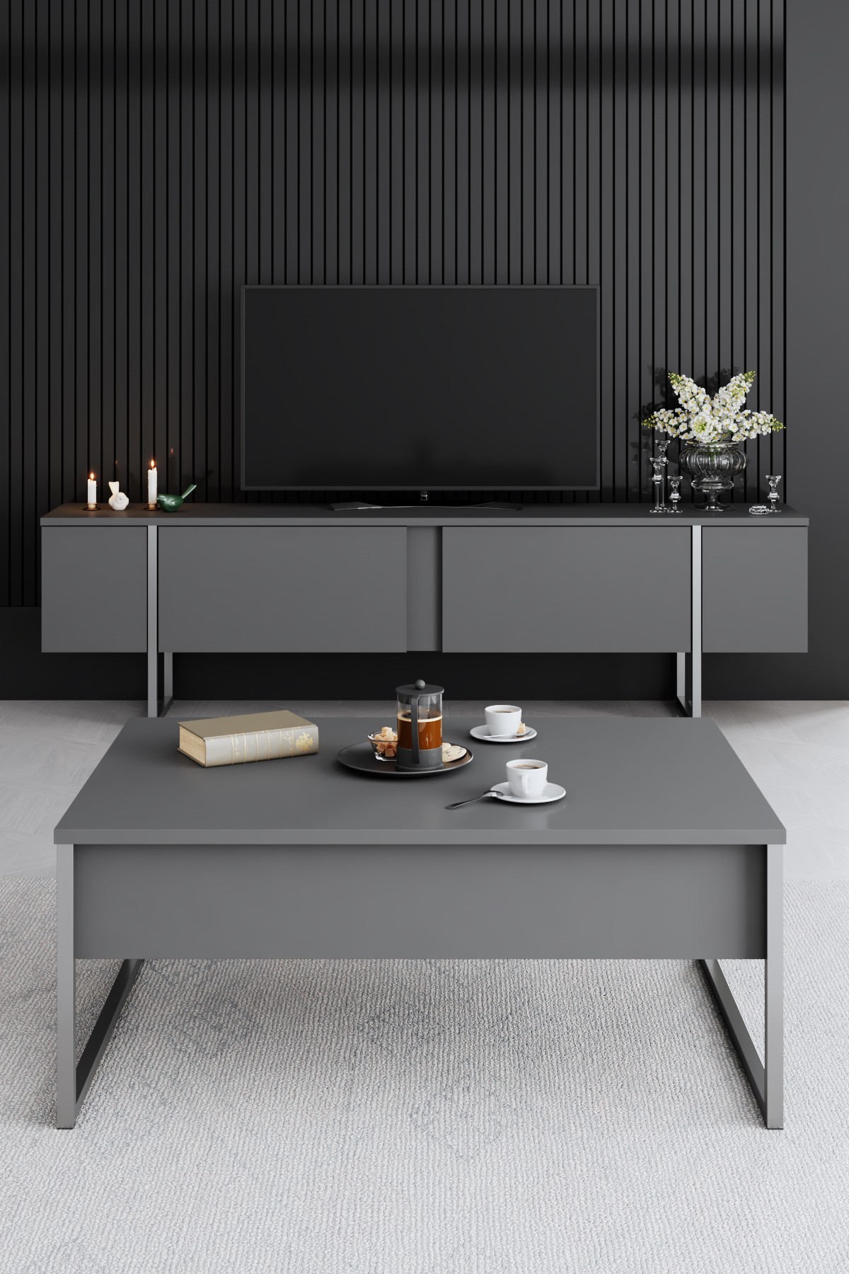 Luxe TV-Schrank Holzfurnier Anthrazit Silber