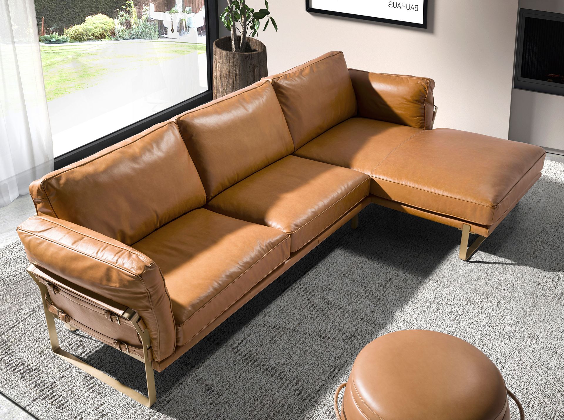 Sofa mit Récamiere rechts aus camel-farbenem Leder 6232