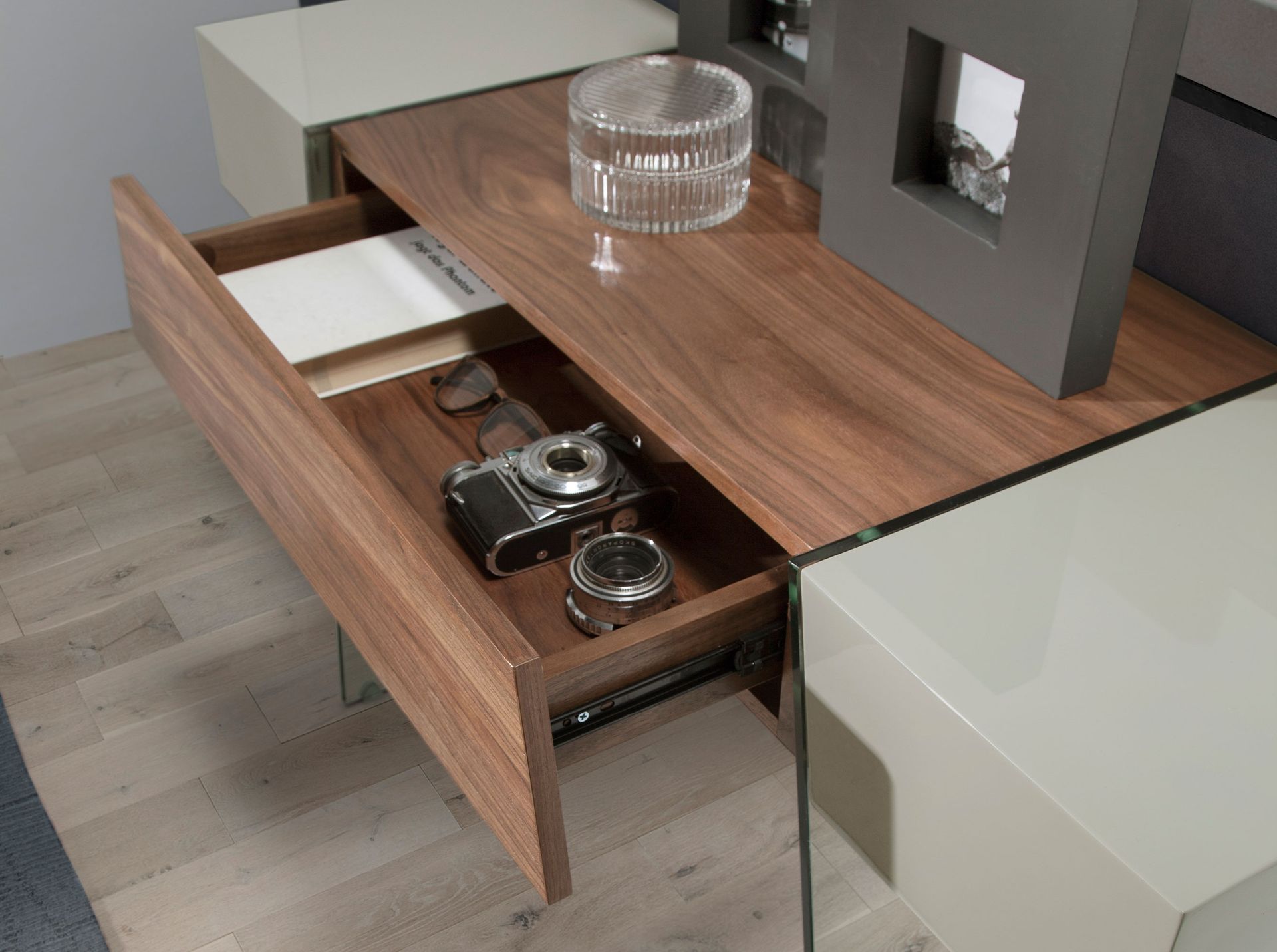 Rectangular console table walnut glass