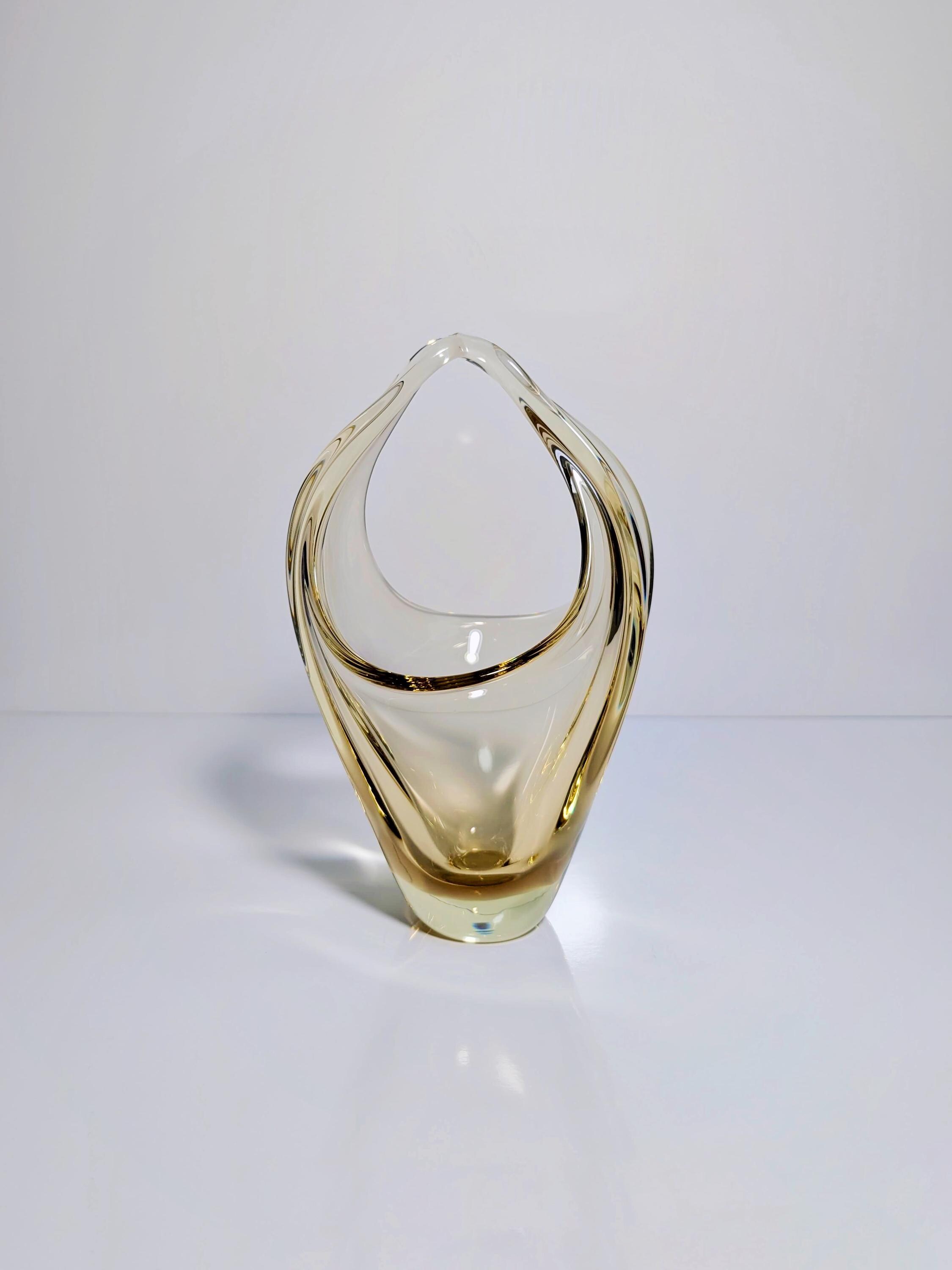 Vintage Korbschale Glas Böhmen Gelb 1960er Jahre