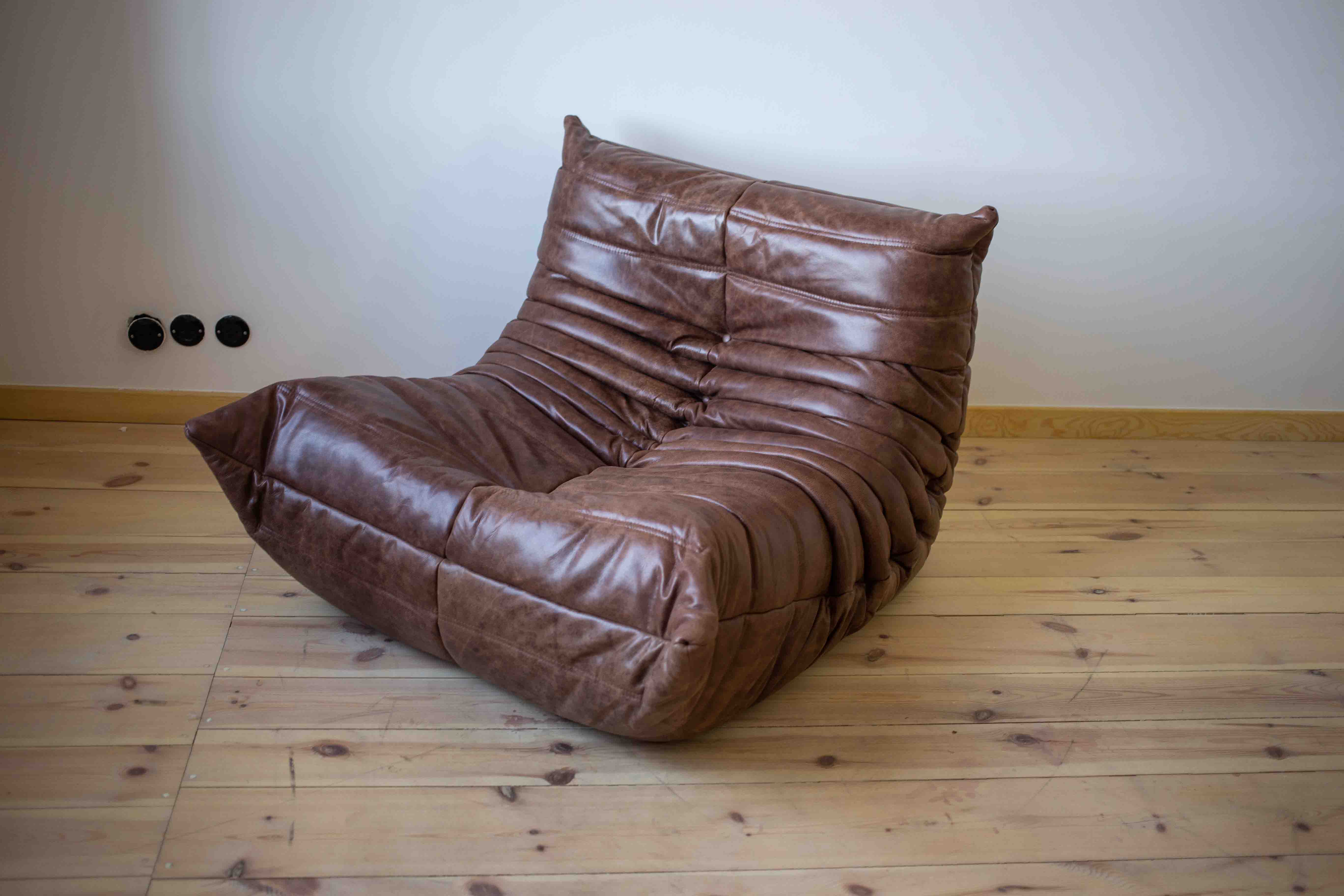 Togo Armchair and Ottoman Set Pull-Up Leather Walnut Brown