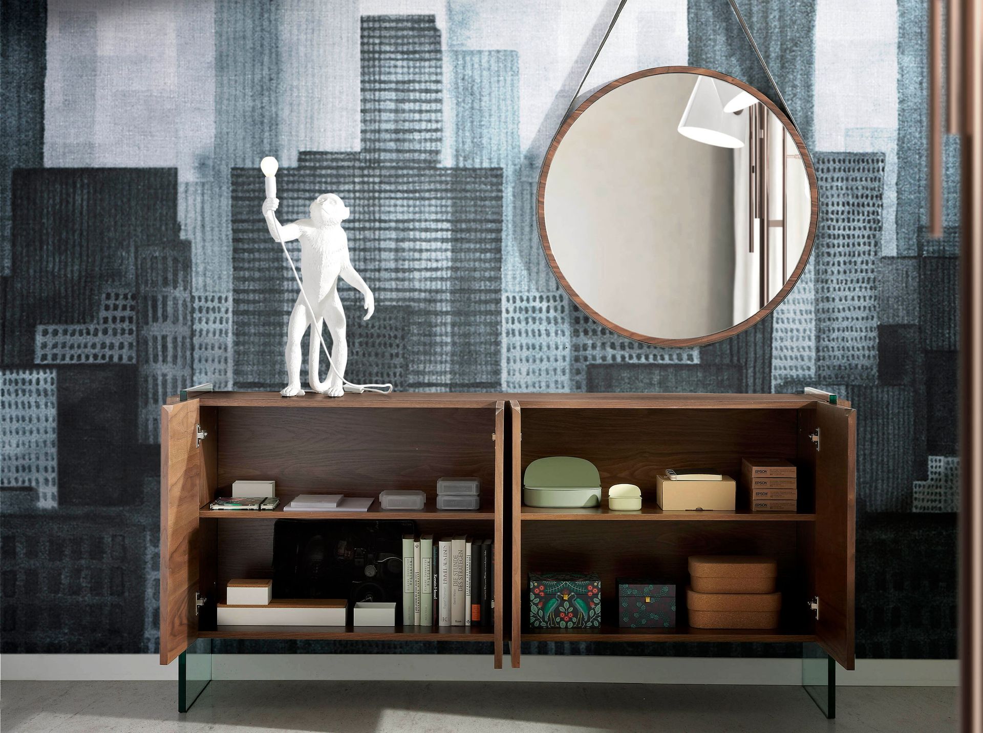 Wall mirror walnut veneer Ø75cm