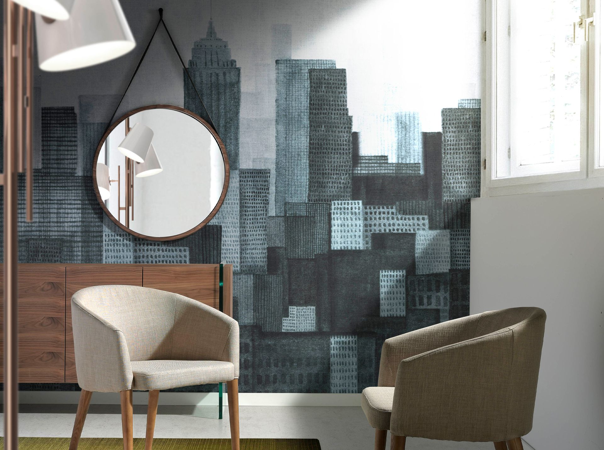 Wall mirror walnut veneer Ø75cm