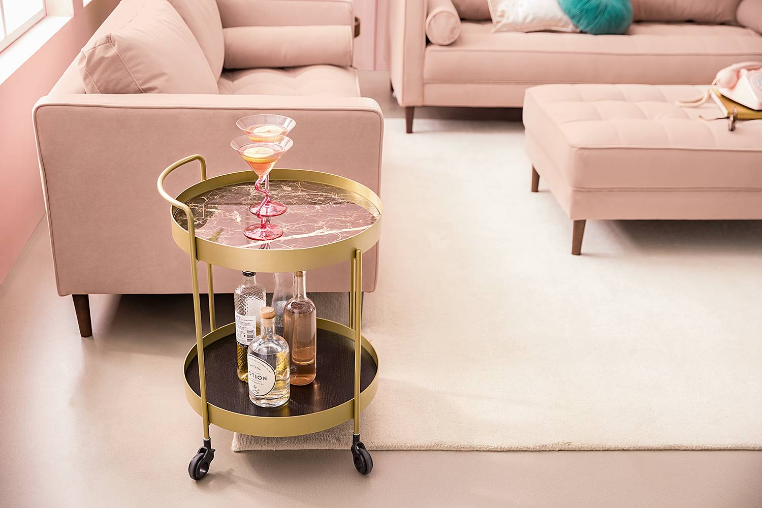 Servierwagen GLENDING Keramik Stahl Marmor Braun Gold