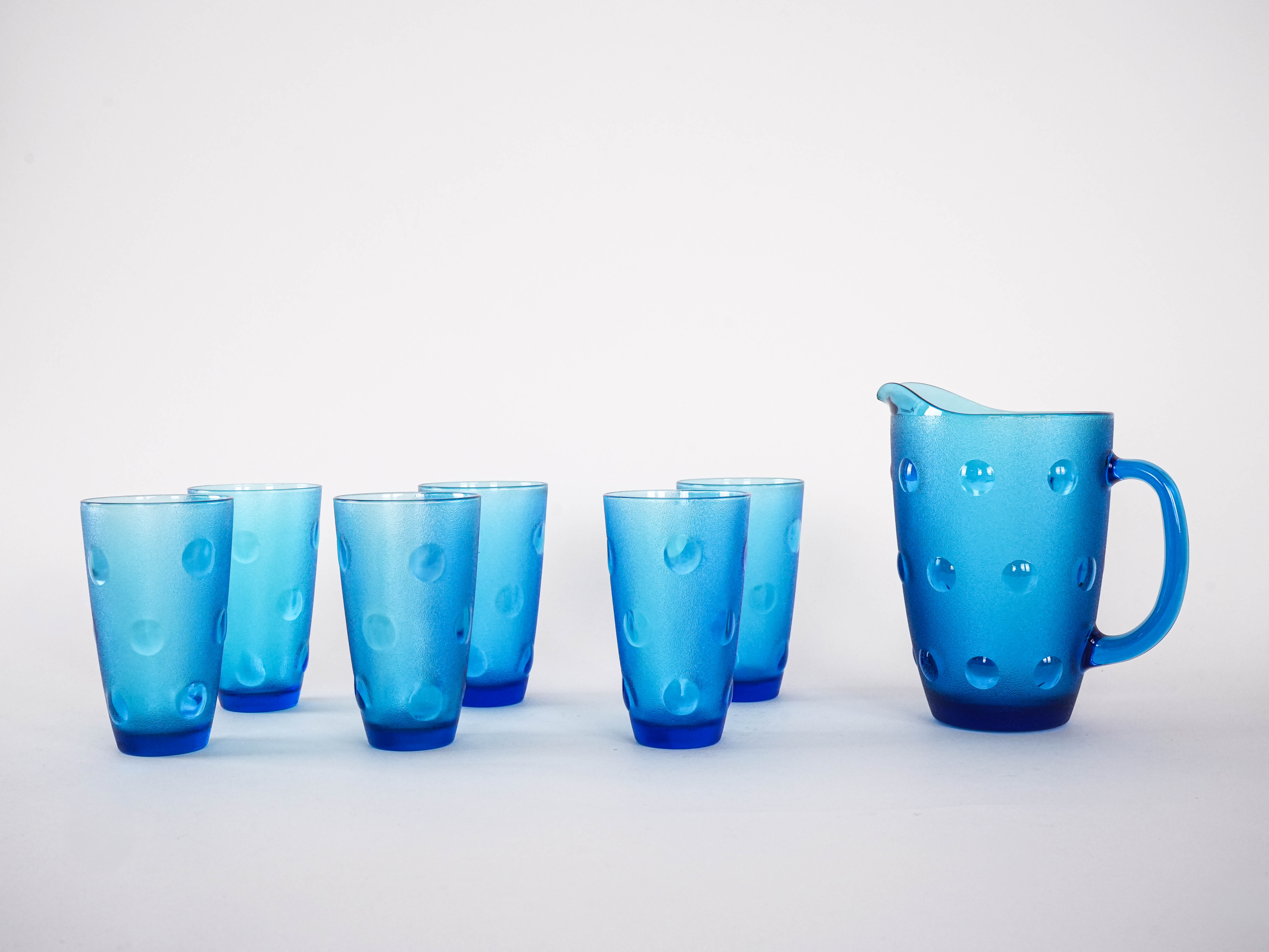 Gläser und Krug-Set Blau 1970er Jahre