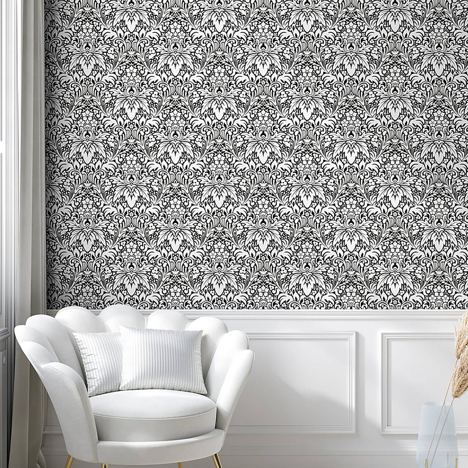 Tapete White Damask PVC Weiß / Schwarz Höhe: 250 cm