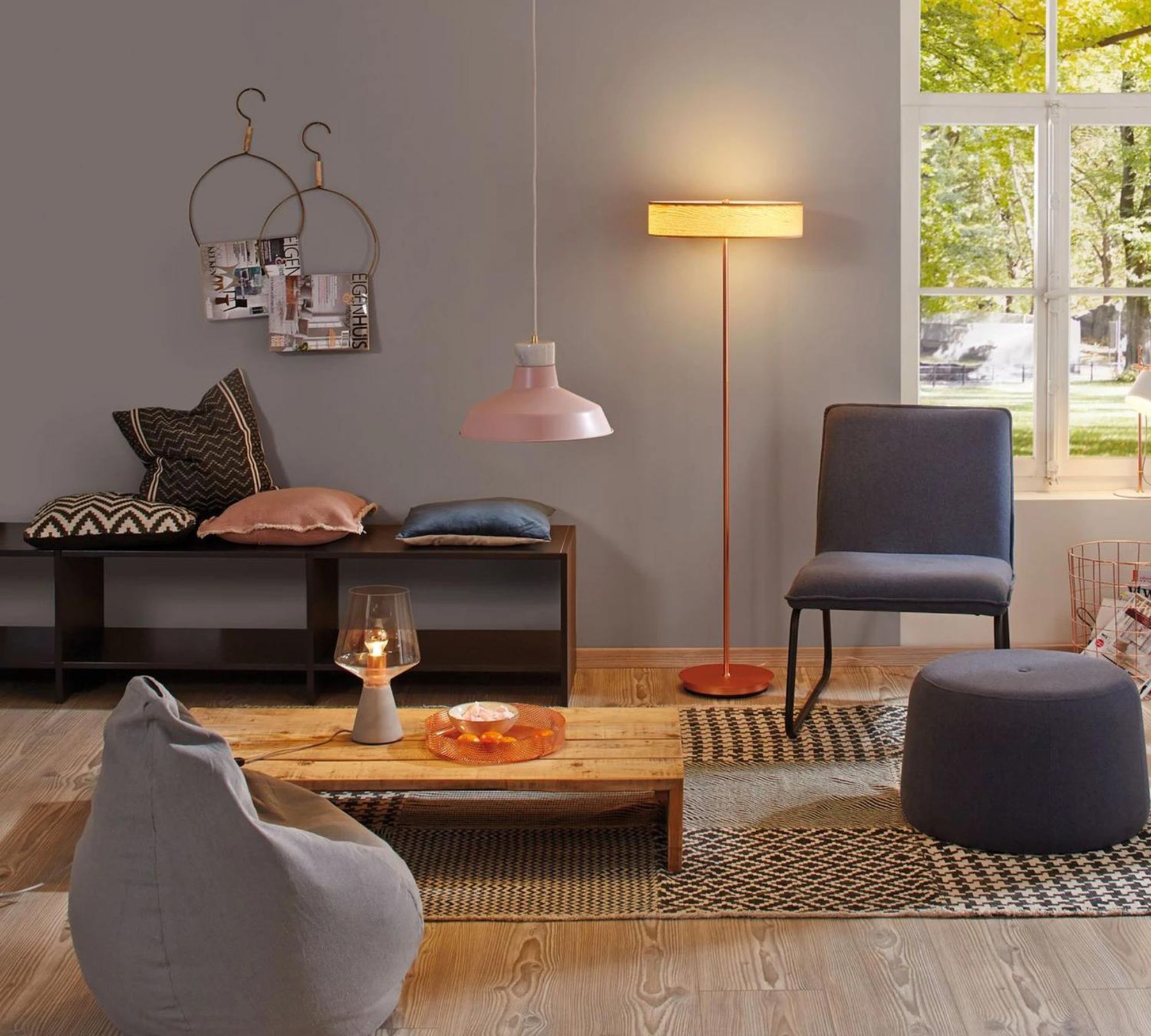 Deckenleuchte 3-flammig Metall Holz Beige