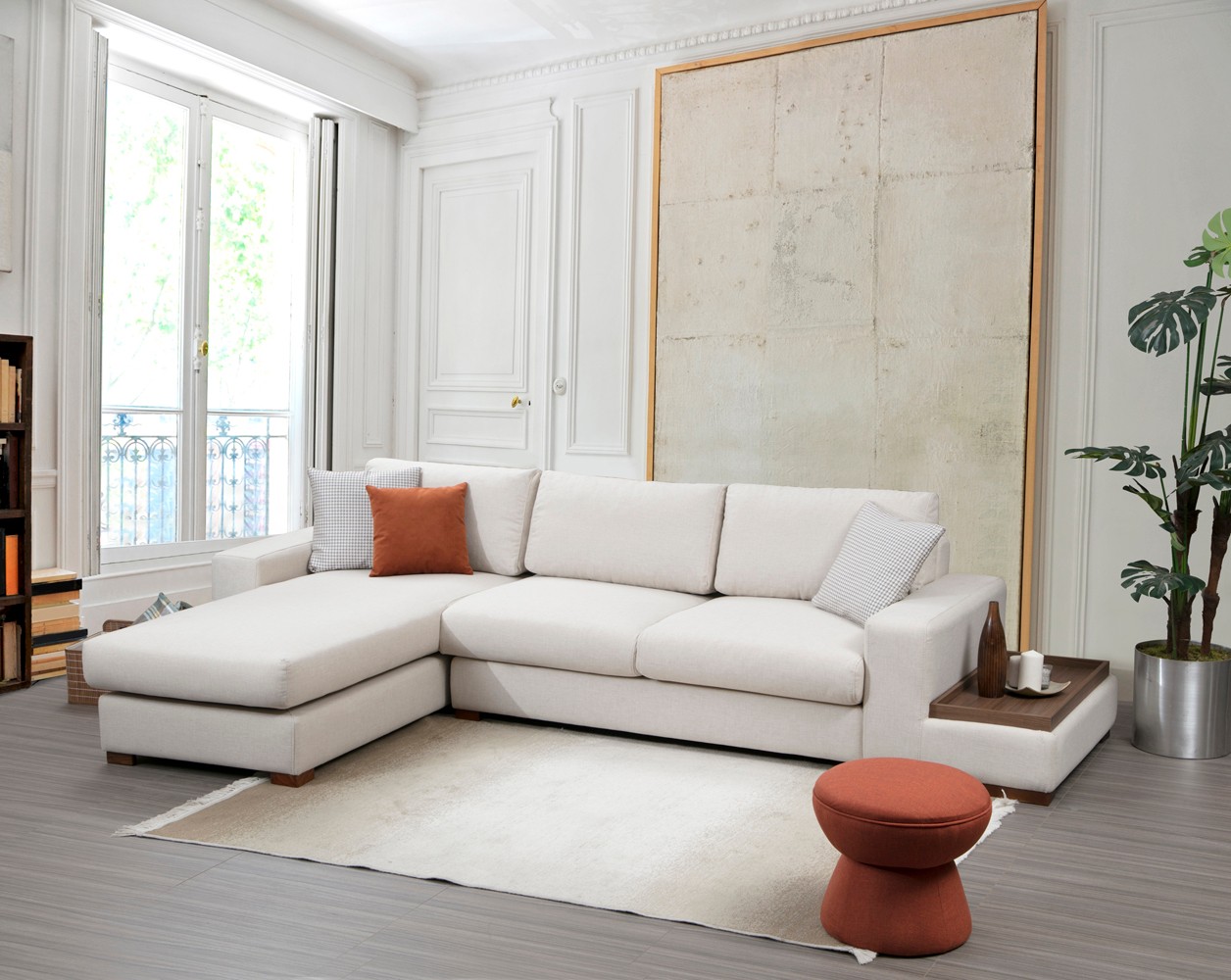 Modernes Sofa Récamiere Links Creme mit Tisch