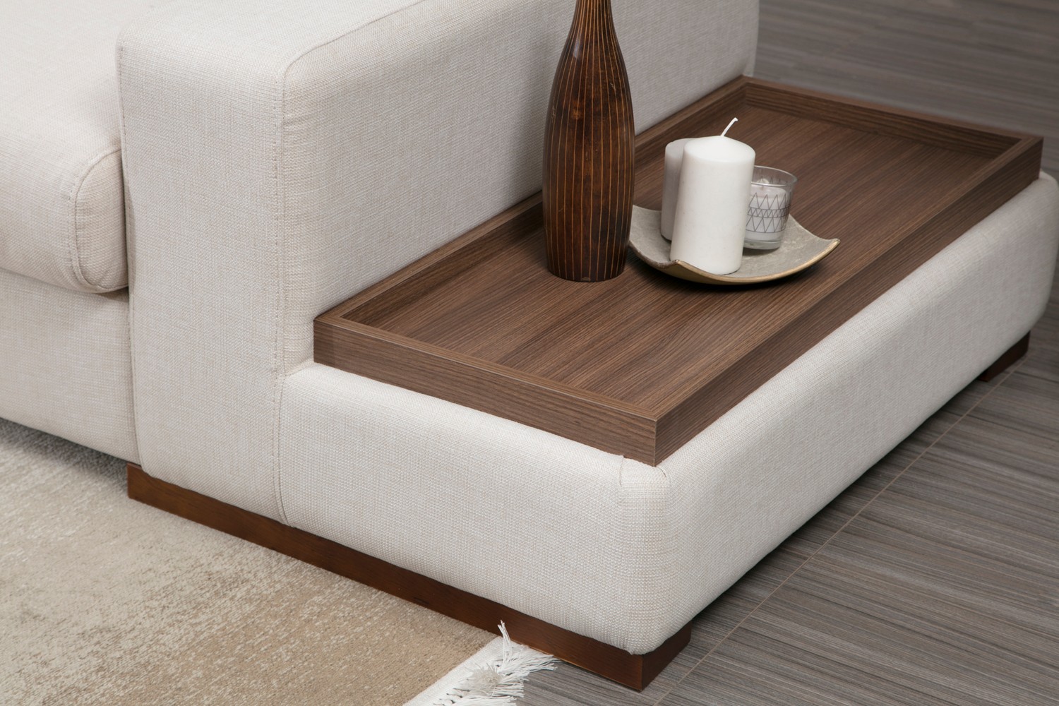 Sofa Récamiere Links Polyester Holz Creme mit Tisch