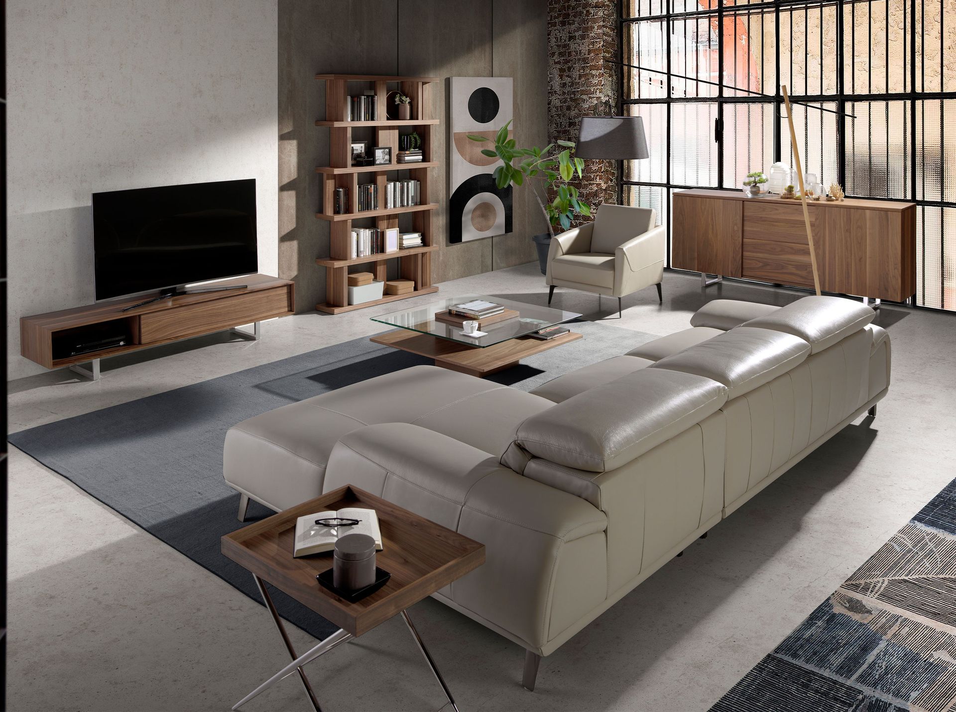 Lowboard walnut veneer stainless steel brown