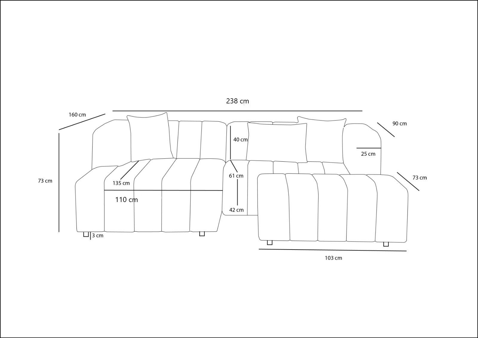 Beyza Sofa Récamiere Links mit Hocker Creme