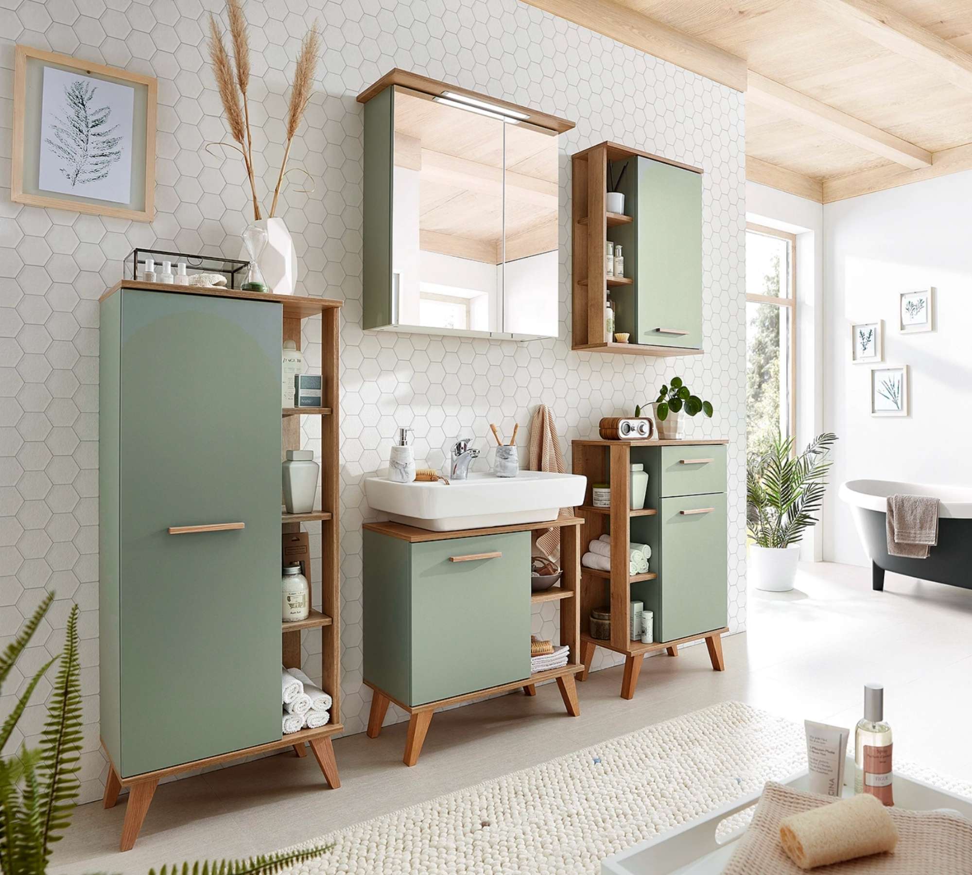 Badezimmerschrank Eichendekor Salbei