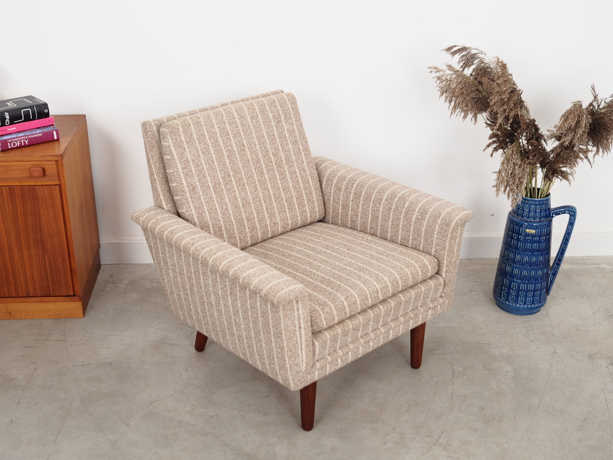 Vintage Stuhl Teakholz Textil Grau 1970er Jahre 