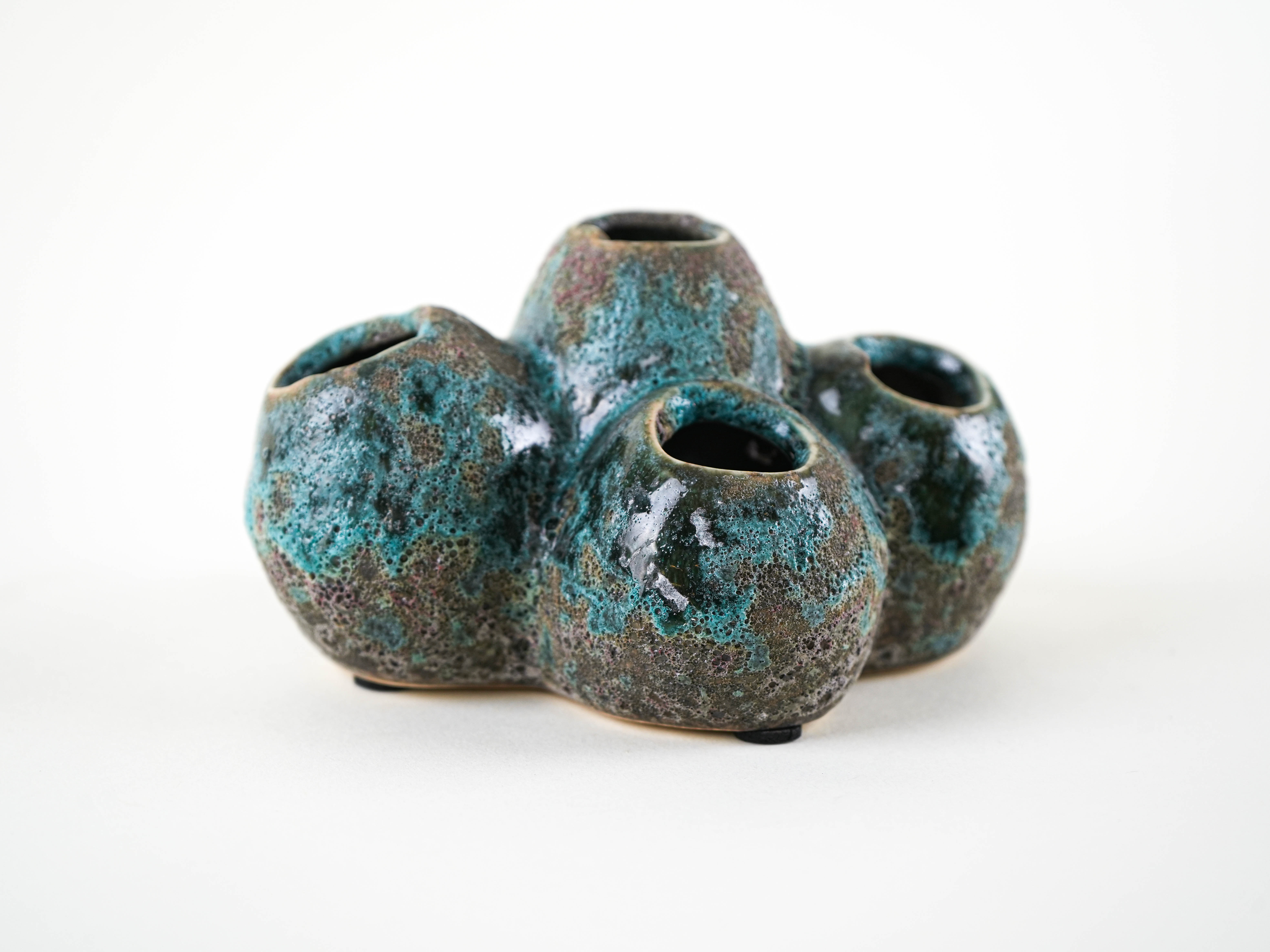 Flower Frog Vase Ceramic Turquoise 1960s