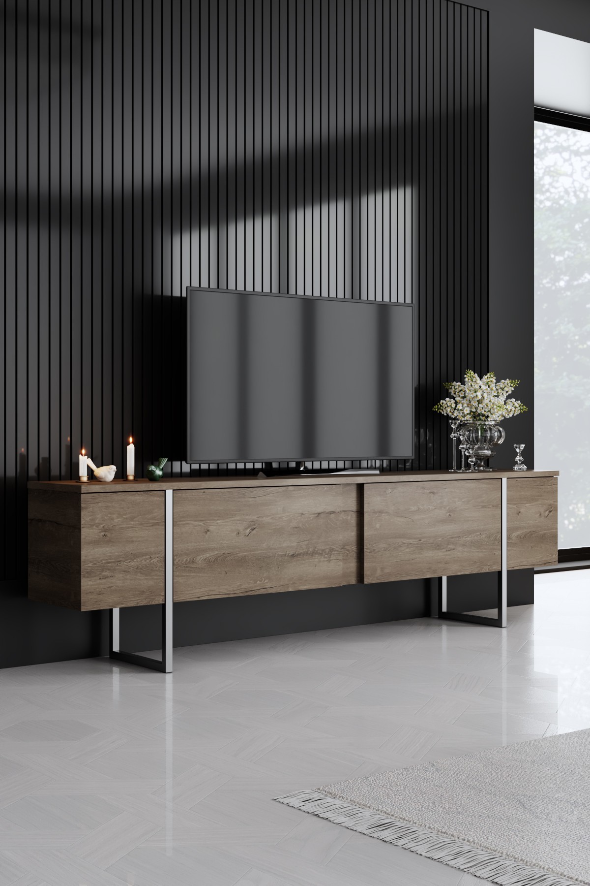 Luxe TV-Schrank Holz Walnuss Silber