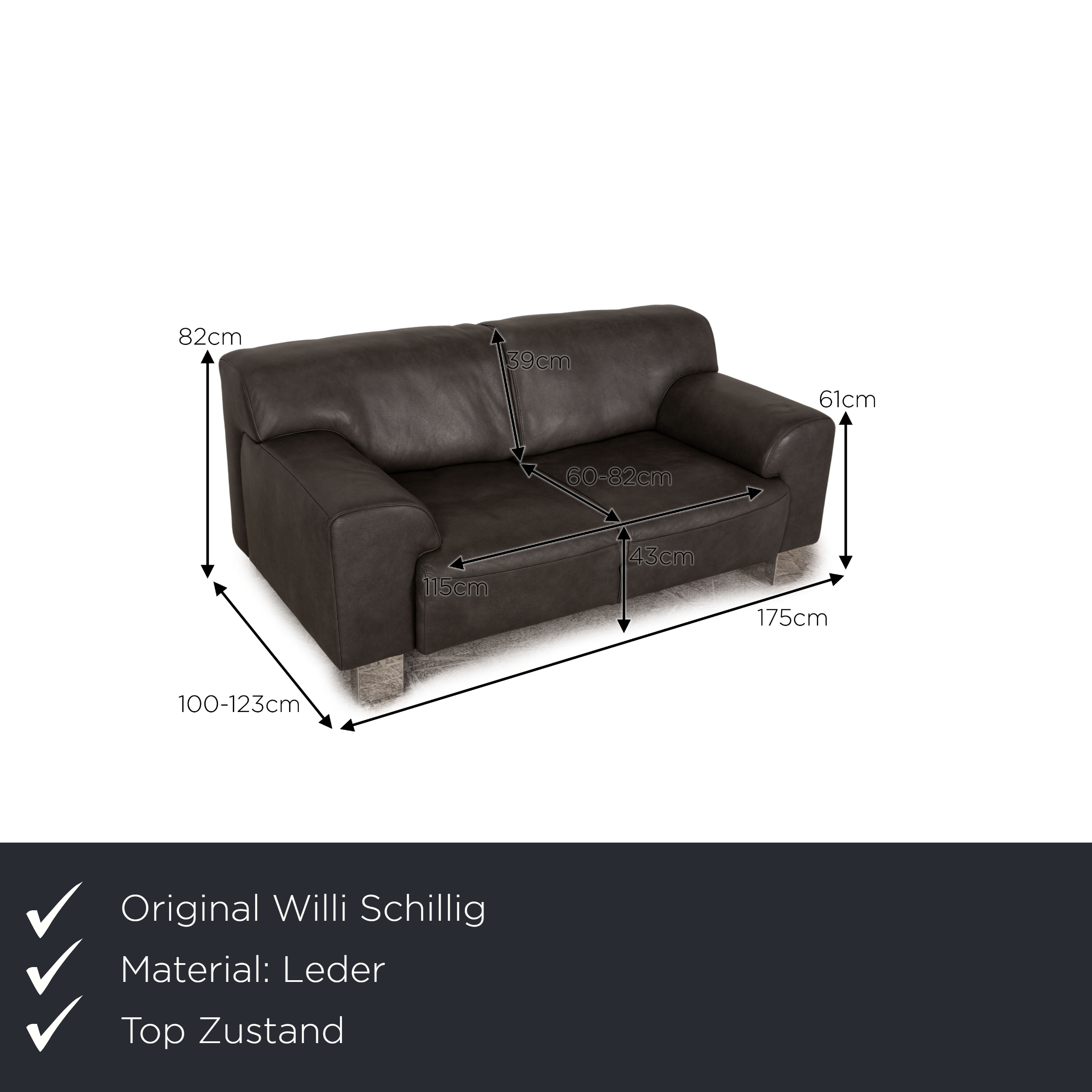 Alessiio Sofa 2-Sitzer Leder Dunkelgrau