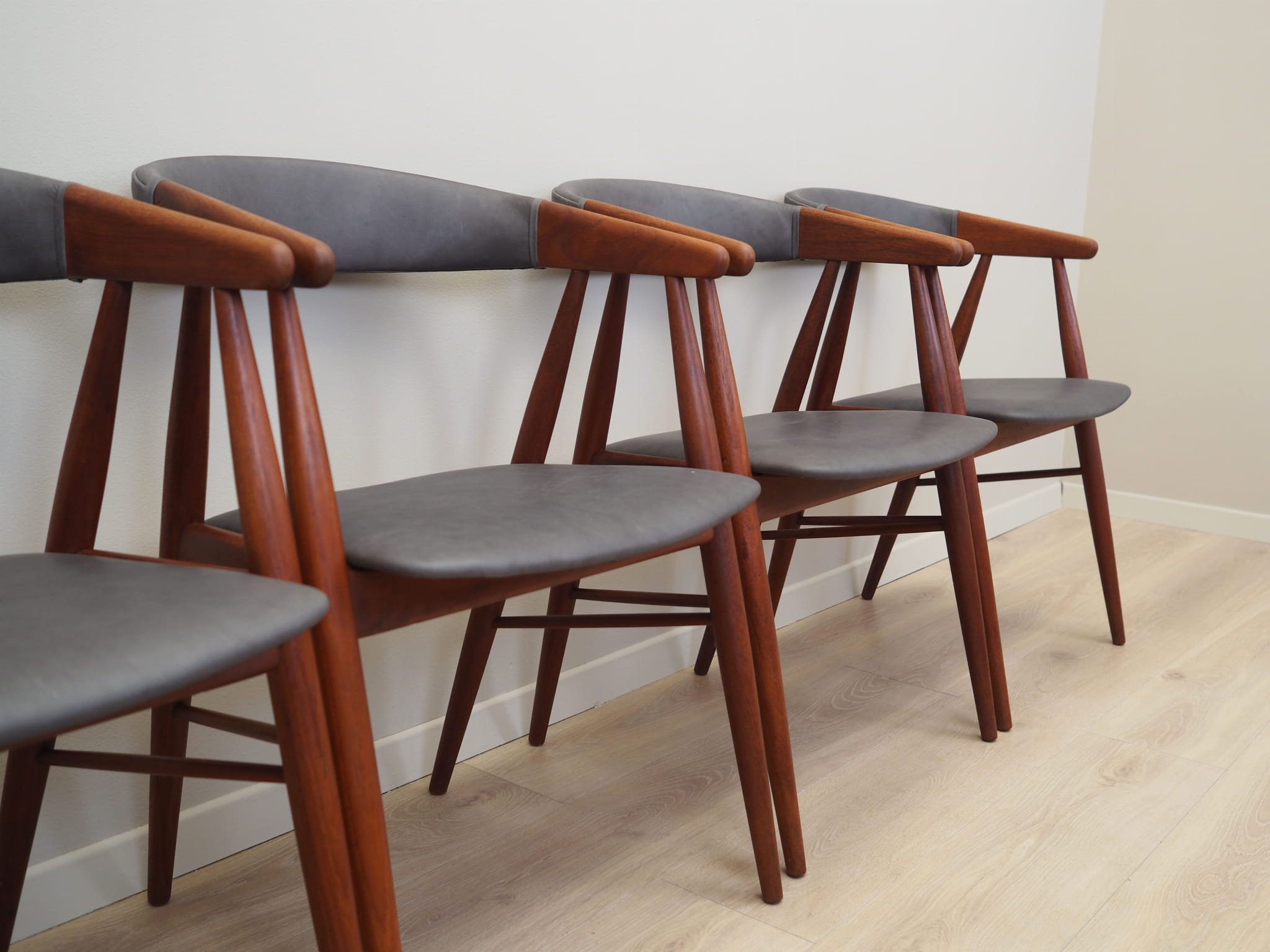 4x Vintage Chair Teak Wood Leather Gray 1960s