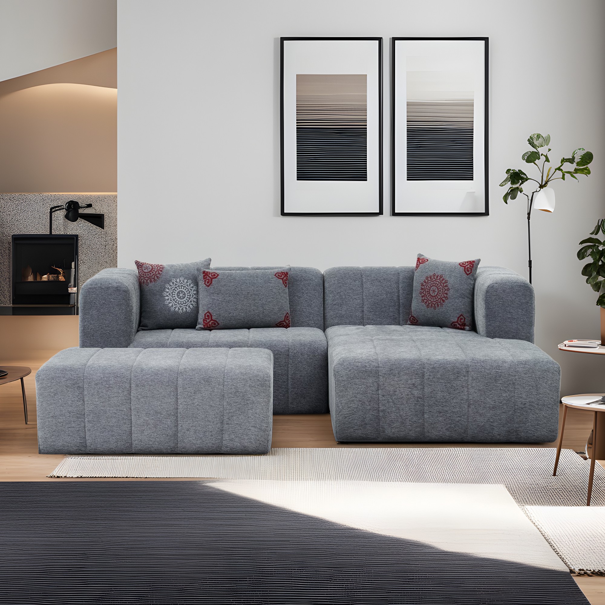 Beyza Sofa Récamiere Rechts mit Hocker Grau