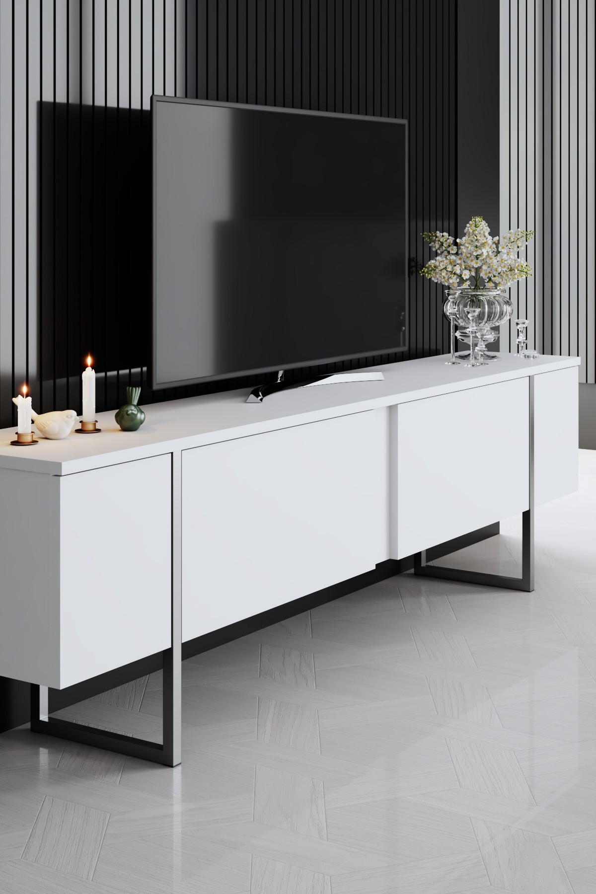 Luxury TV cabinet wood veneer white silver