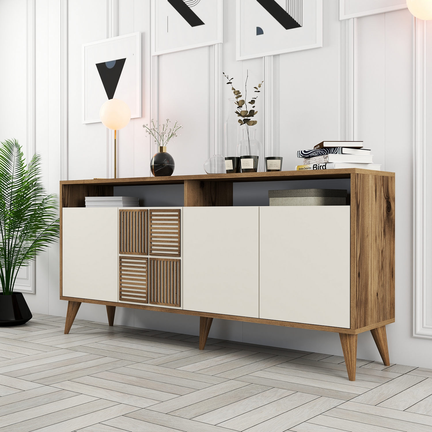 Milan Sideboard Walnussbraun Creme 160cm