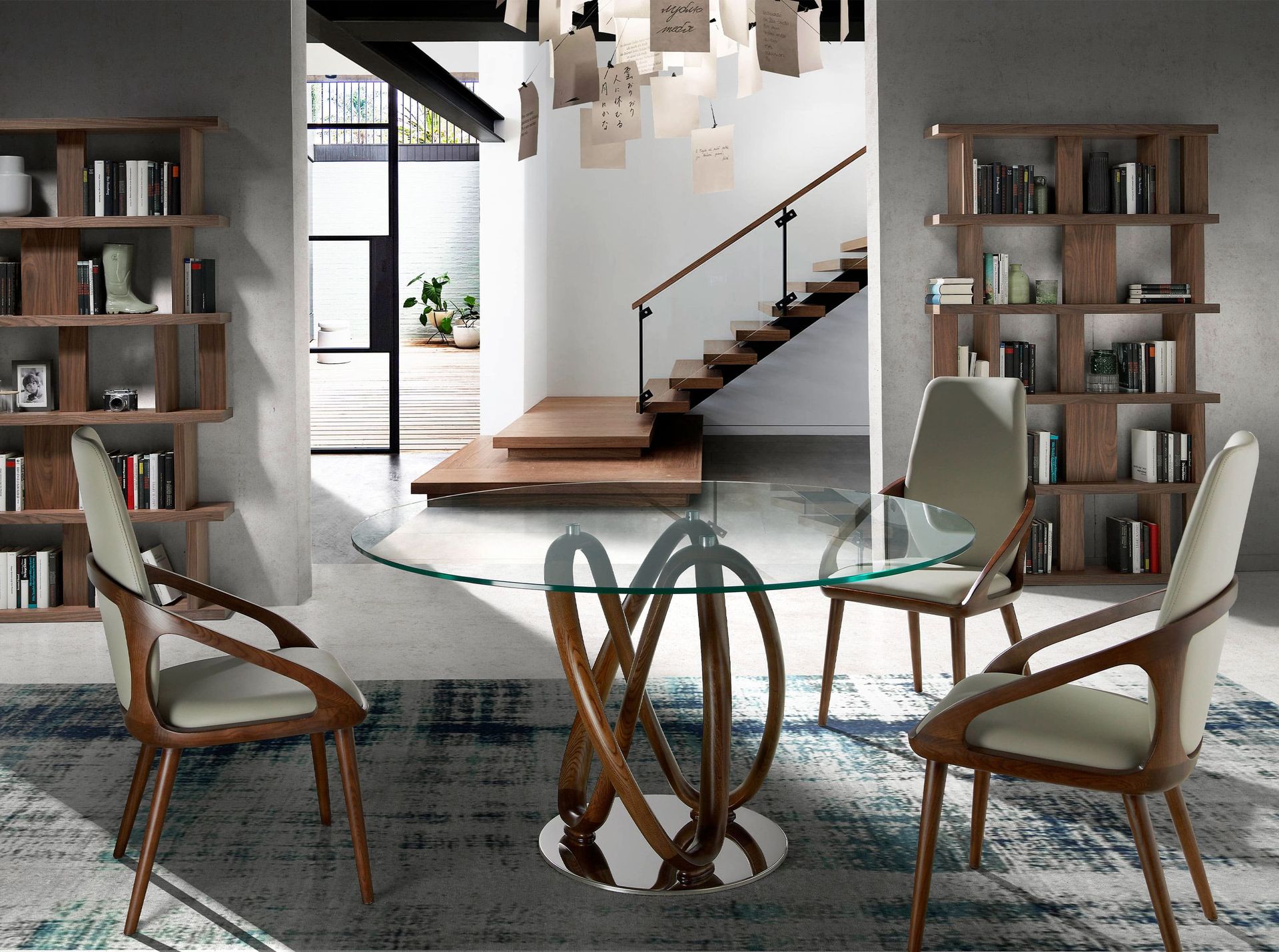 Round dining table walnut wood glass Ø 120cm