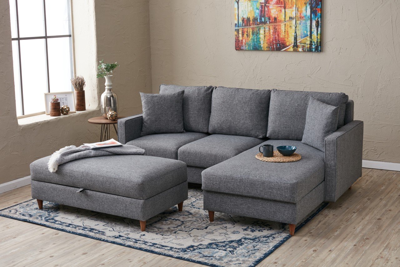 Eva Sofa Récamiere Rechts mit Hocker Grau