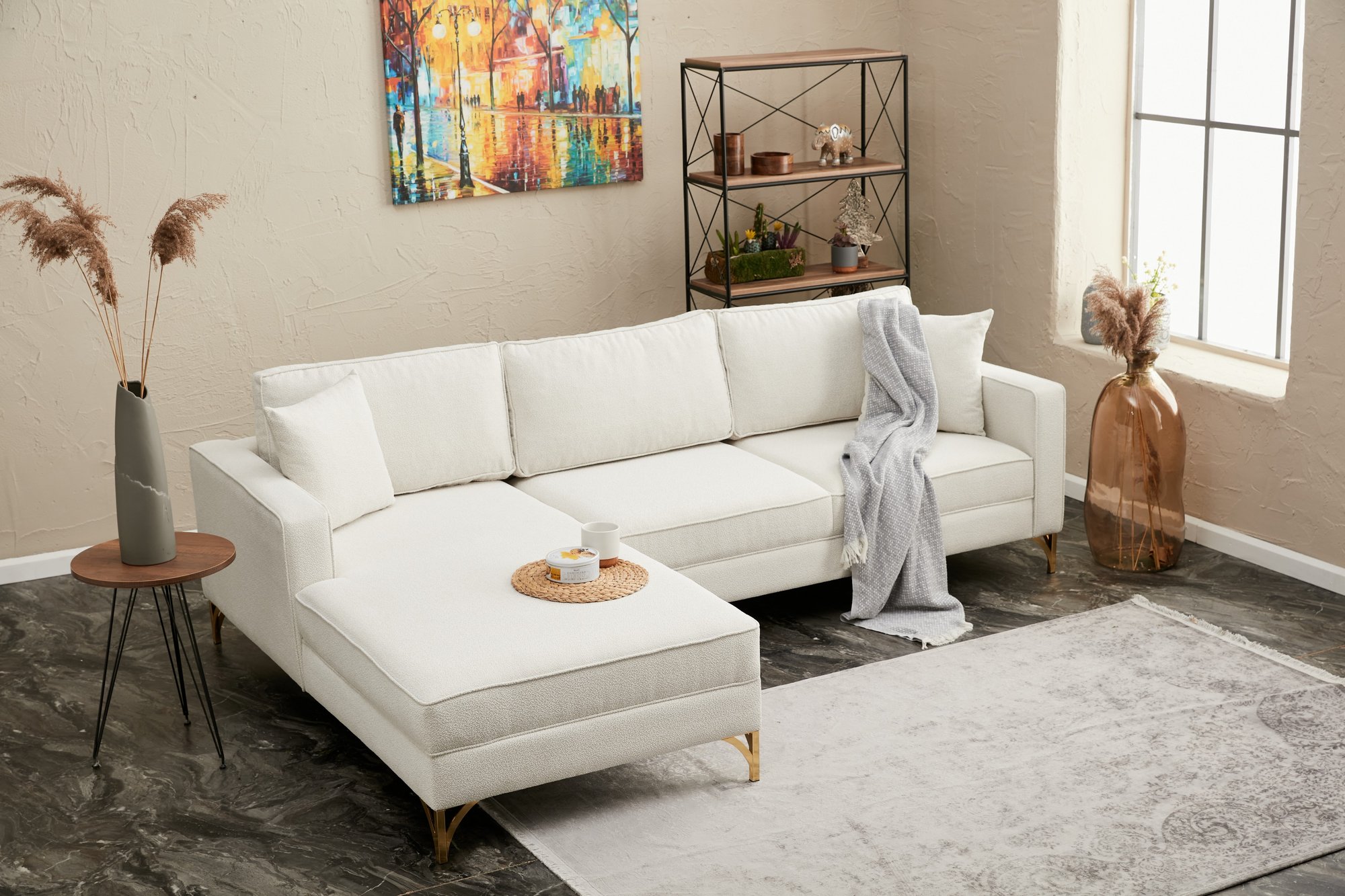 Lima Sofa Chaise Longue Left Cream with golden legs