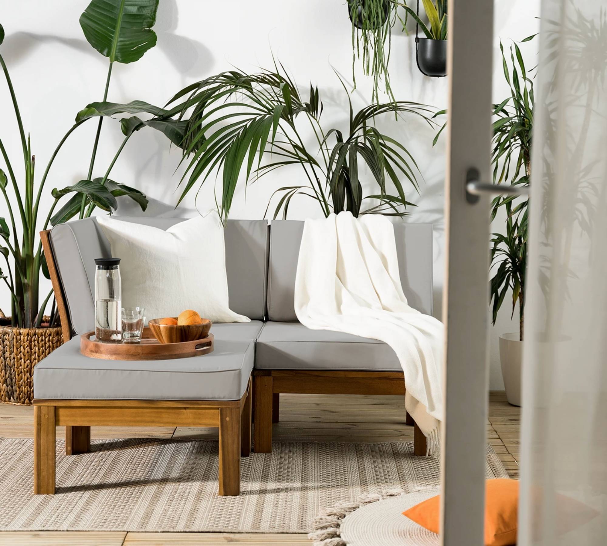 Loungehocker LEXI Webstoff / Akazie massiv Hellgrau