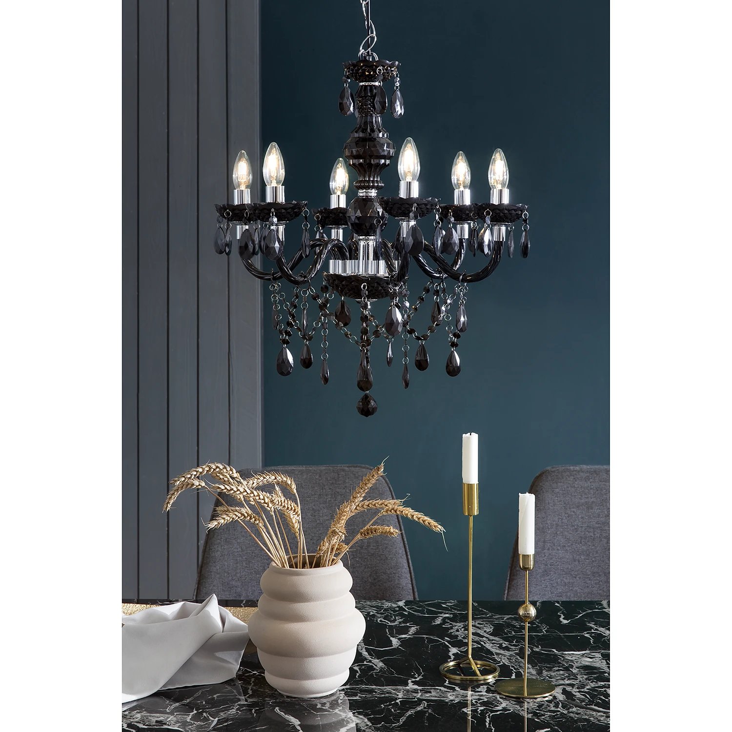 Kronleuchter 6-flammig Glas Metall Schwarz
