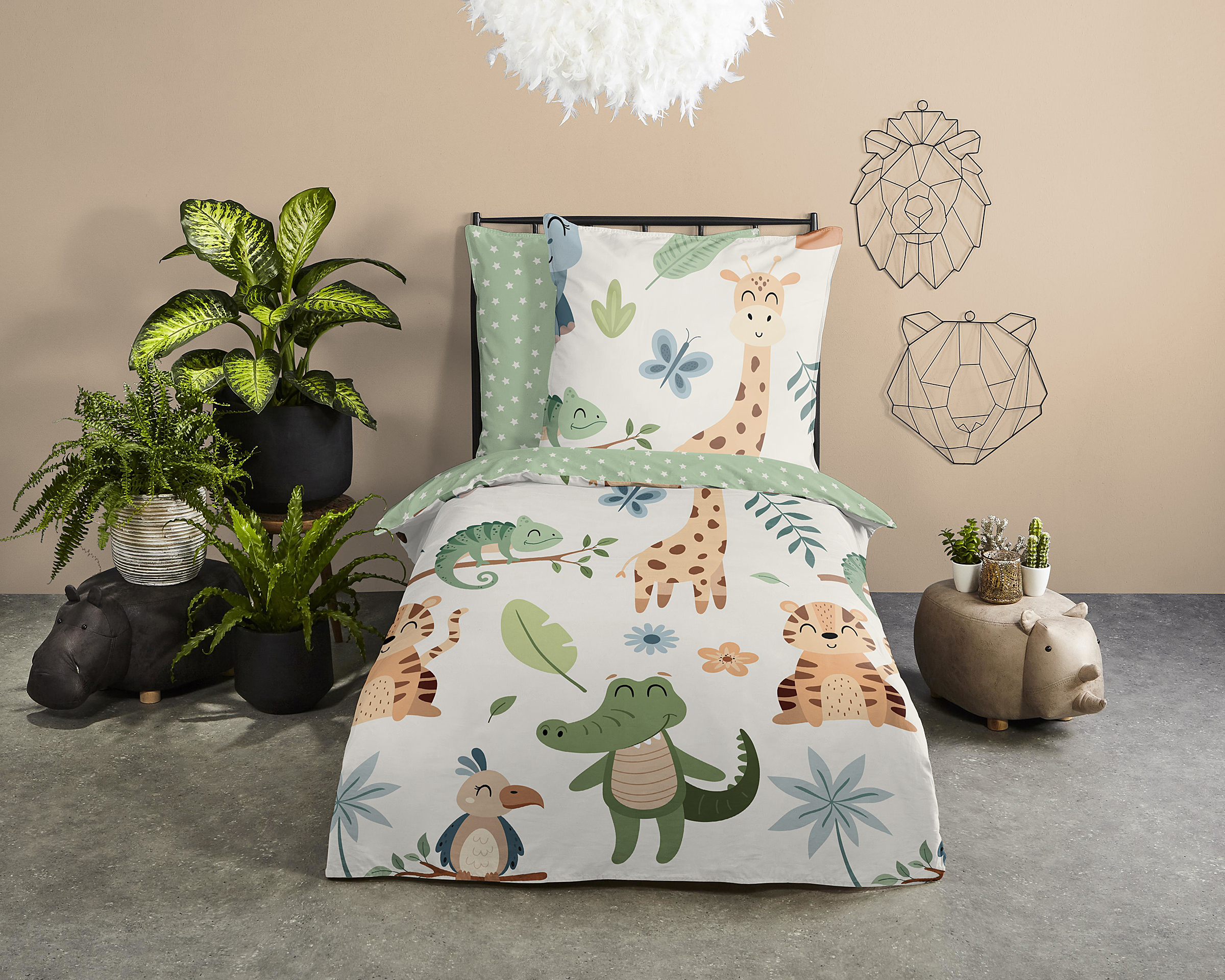 Kinder-Bettwäsche Renforcé Grün 140x200cm Kissen 70x90cm