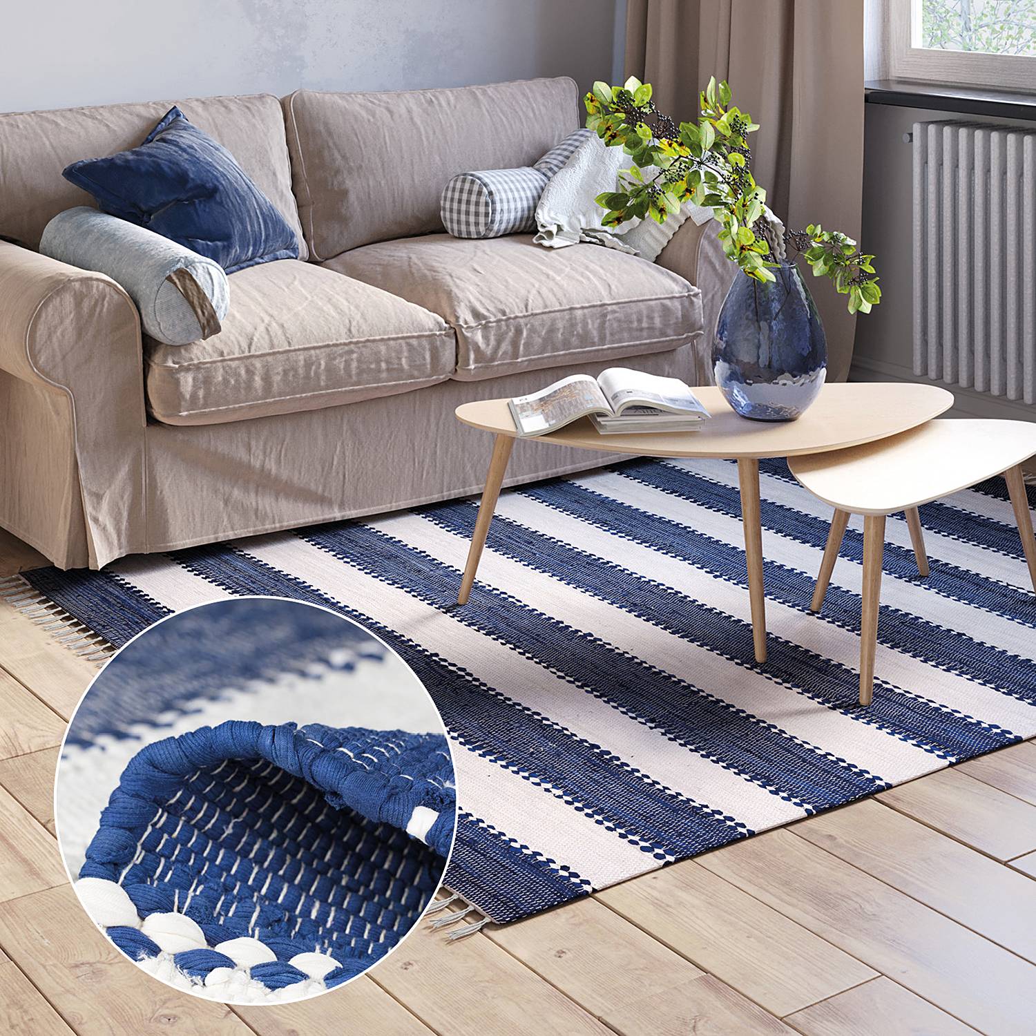 Kurzflorteppich Maher Baumwolle Blau