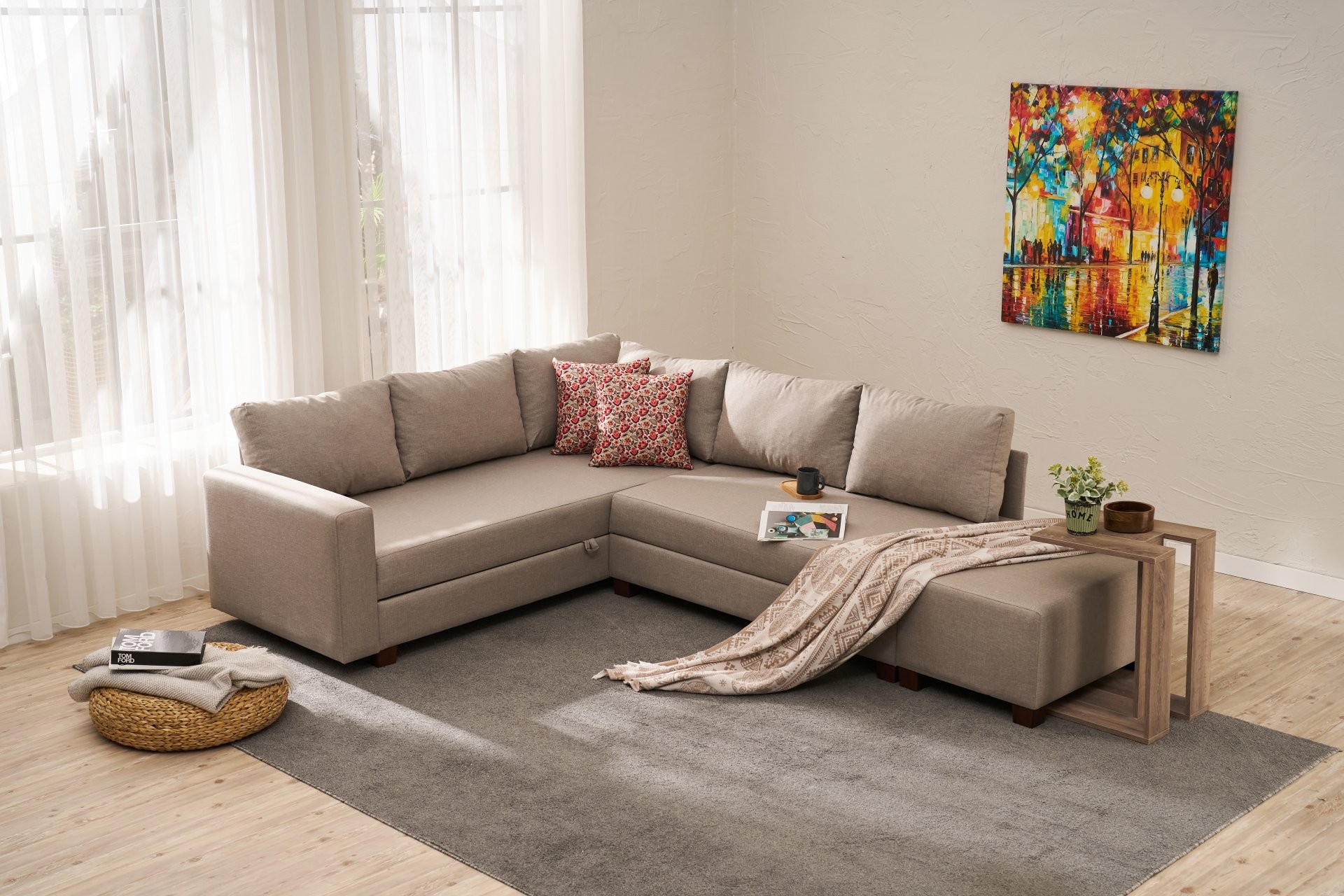 Aly Schlafsofa Récamiere Rechts Baumwolle Beige