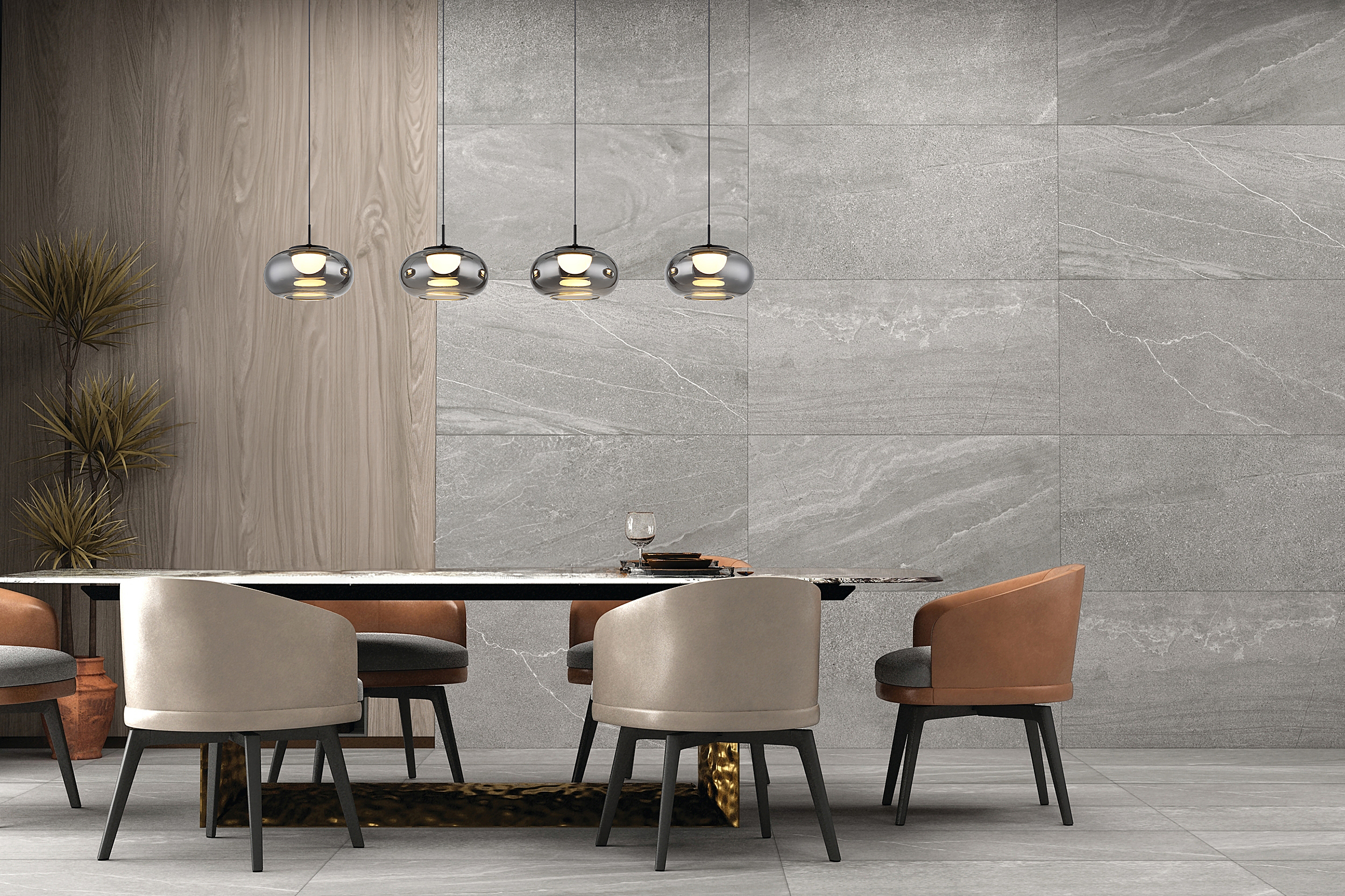 Quintara Typ C LED-Pendelleuchte Rauchglas Eisen 4-flammig