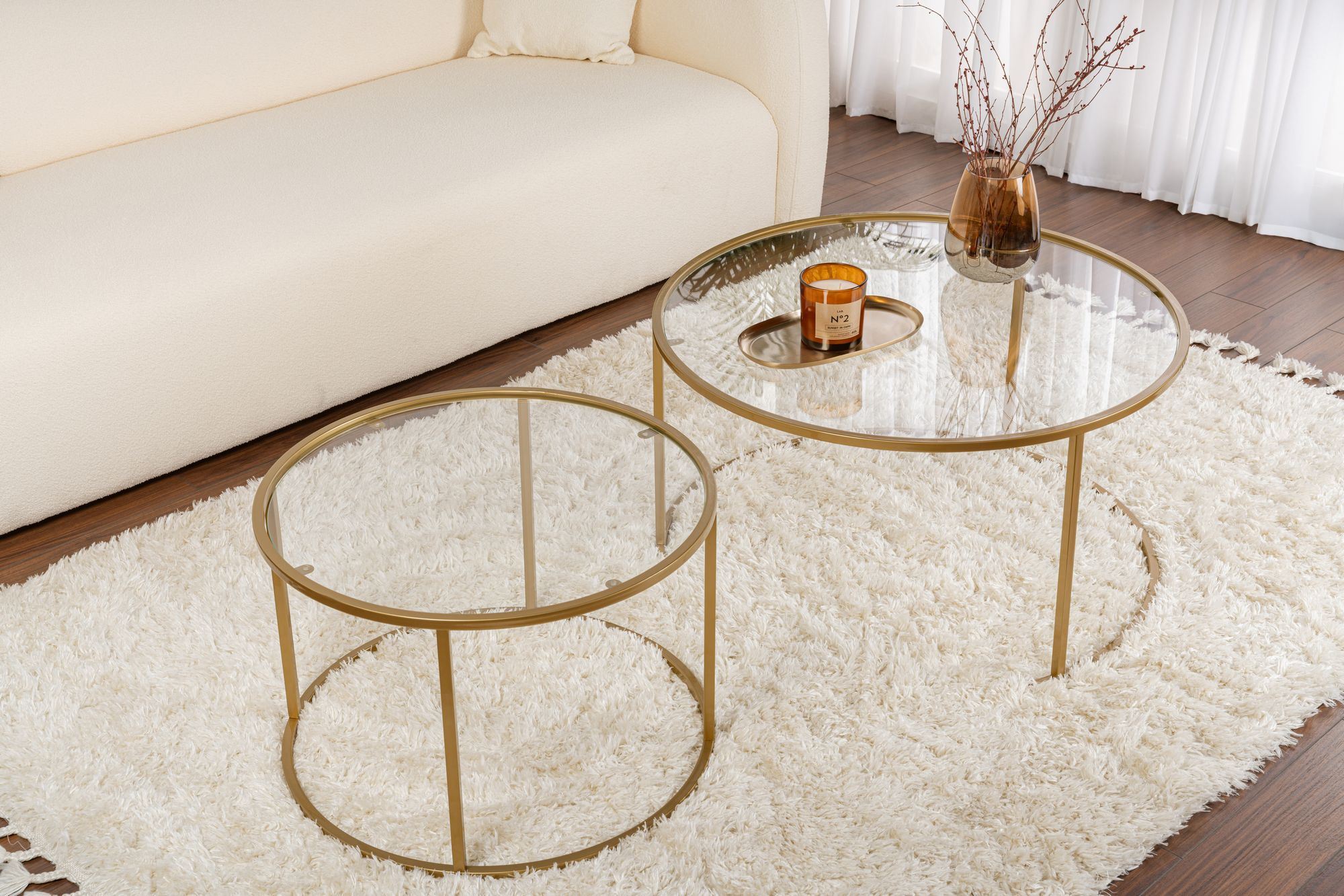2x Aurum Couchtisch-Set Gold Transparent Ø80cm Ø60cm