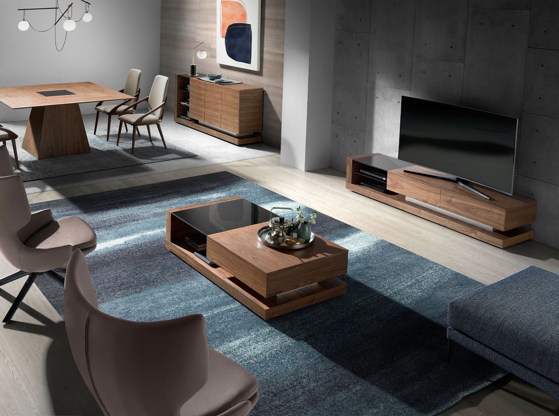 TV cabinet walnut, polished steel and black glass top 3139