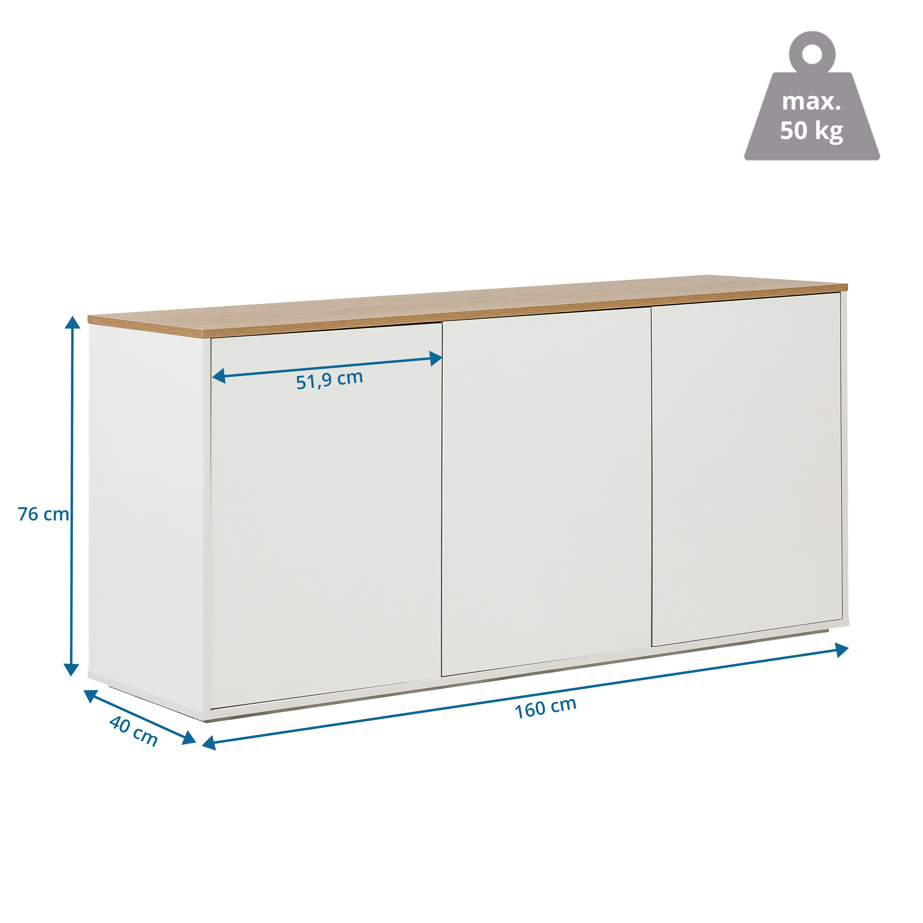 Kelo S Sideboard mit 3 Türen Eiche Weiß