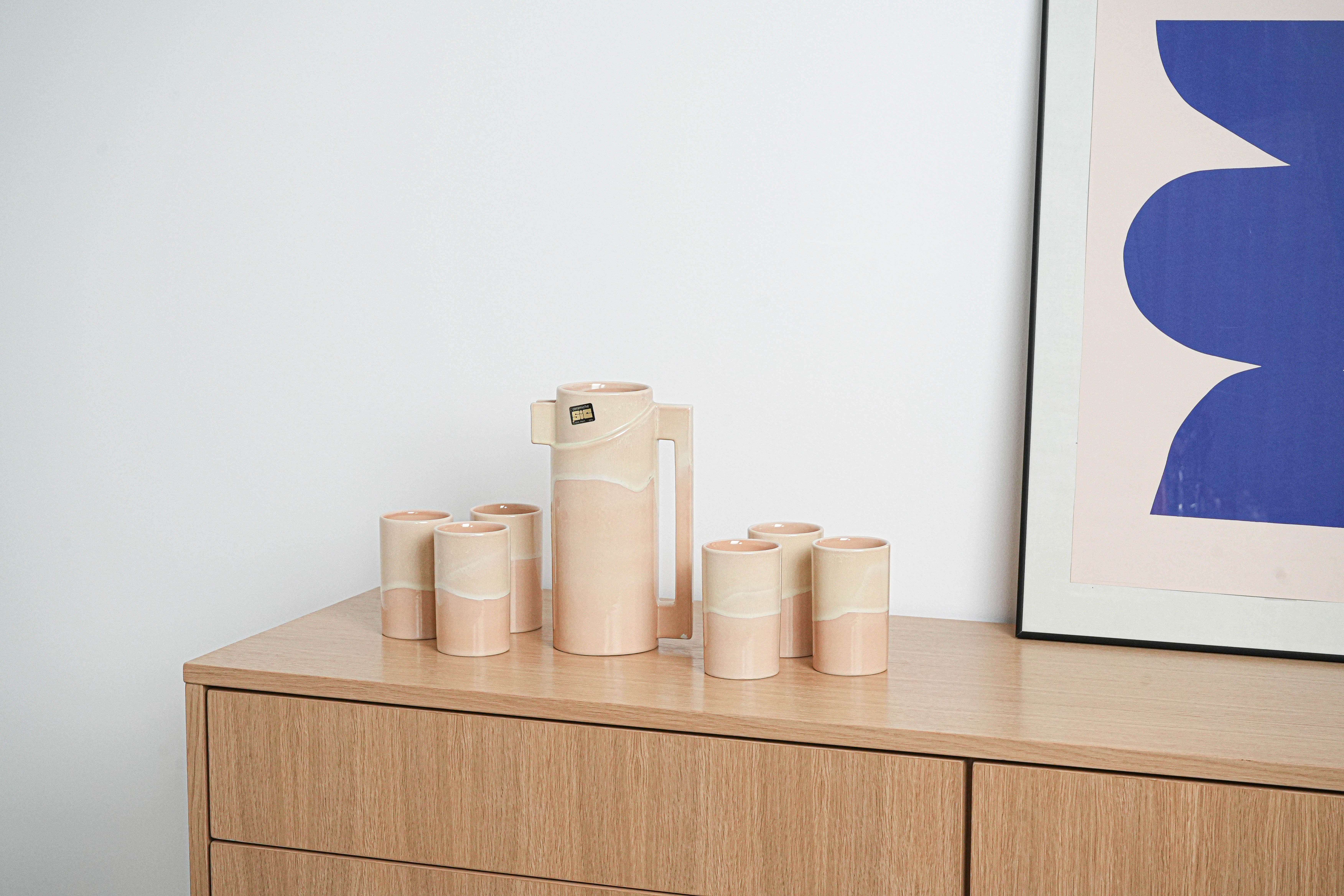 Ceramic pitcher and cup set Beige 1960s