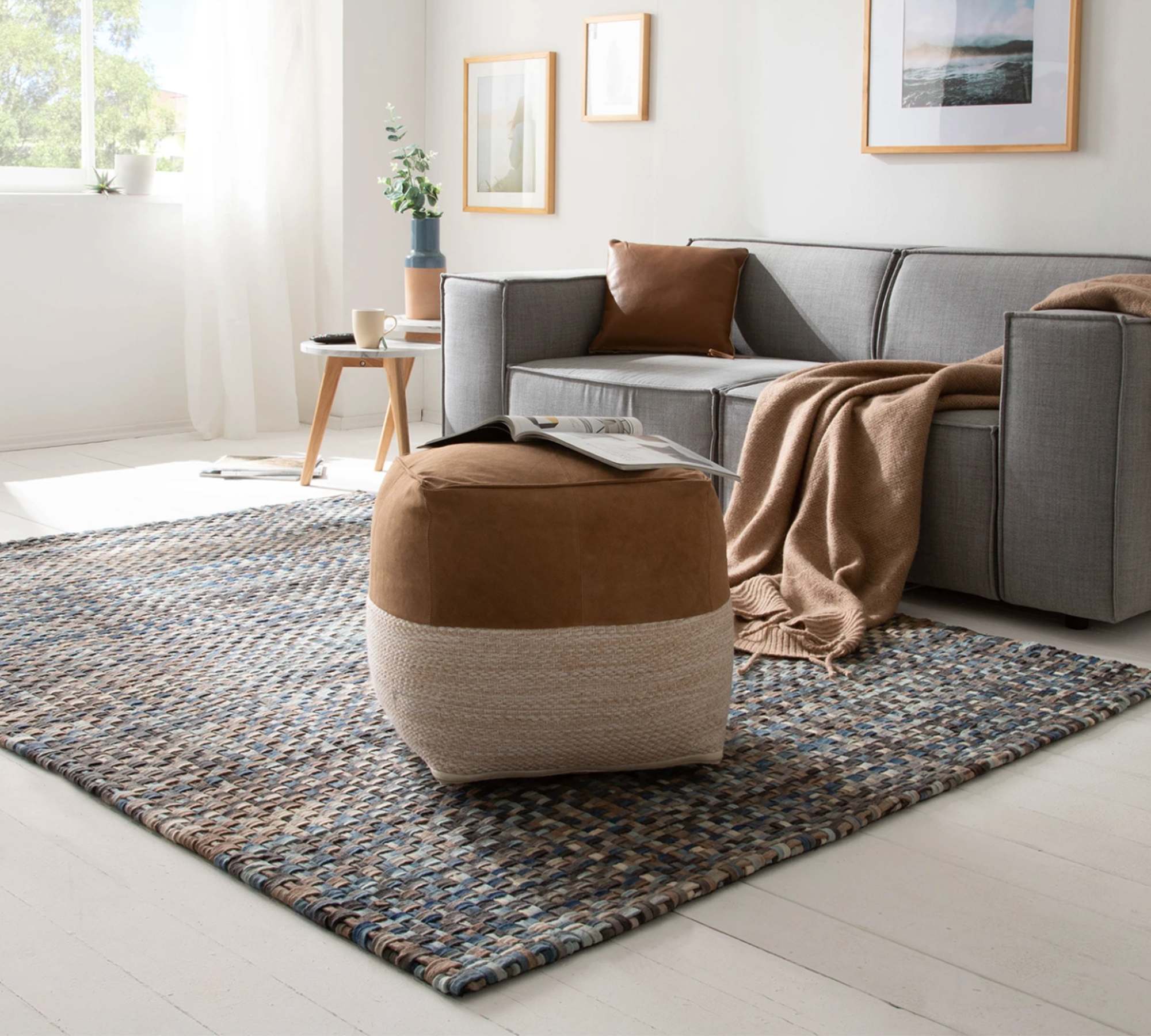 Pouf Echtleder Webstoff Braun Beige