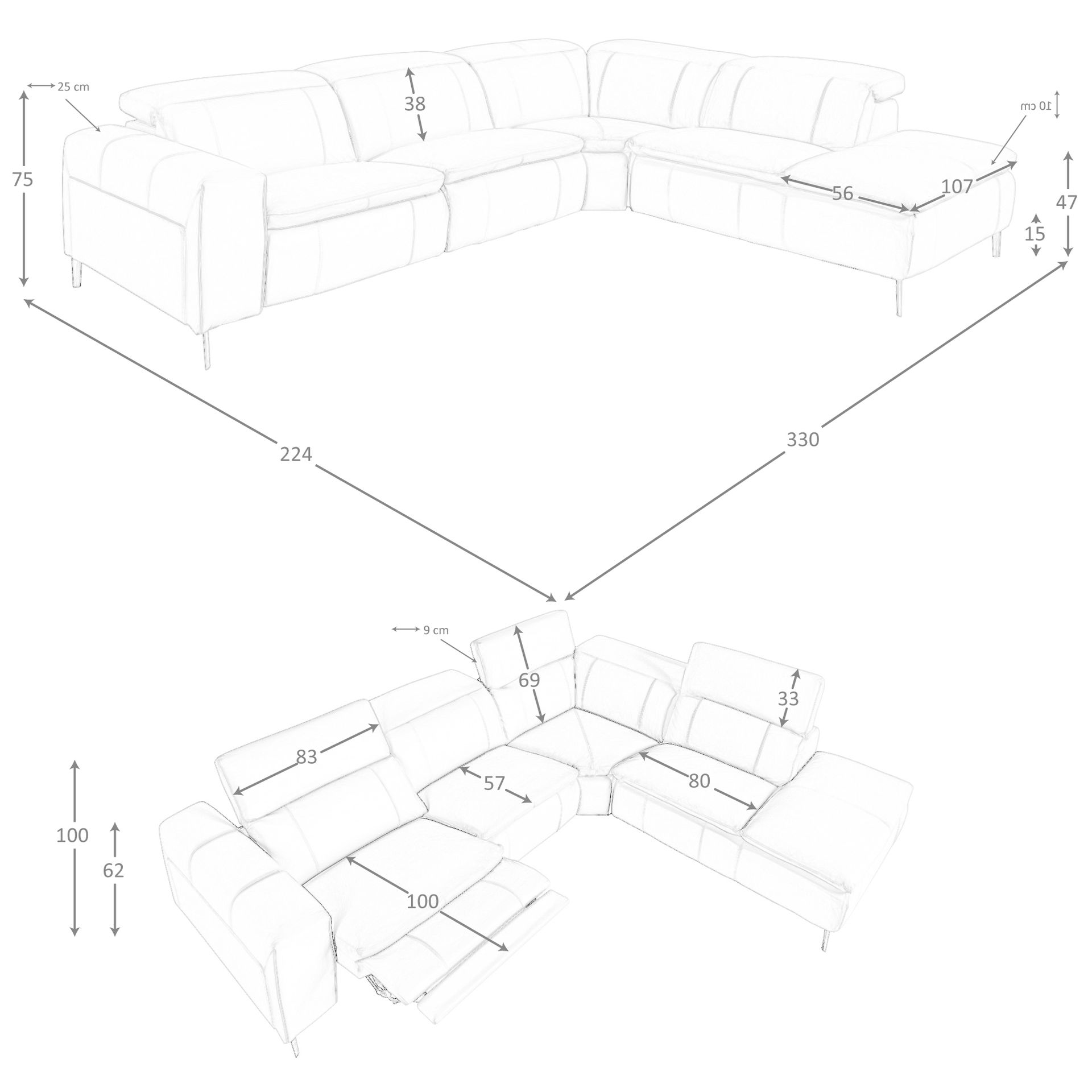 Sofa Récamiere Rechts Leder Grau