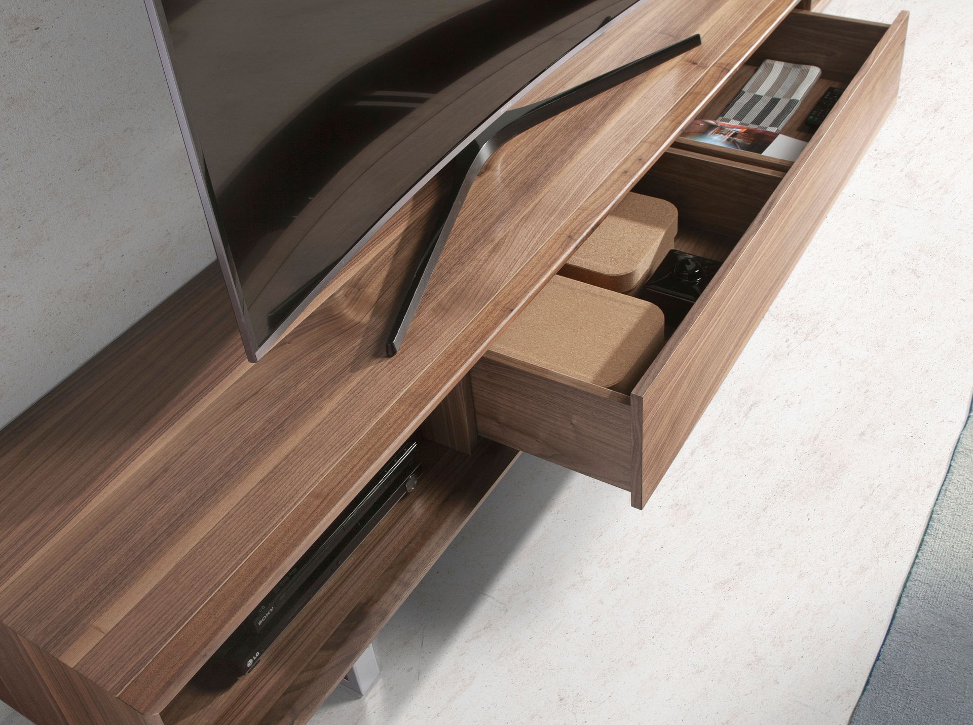Lowboard walnut veneer stainless steel brown