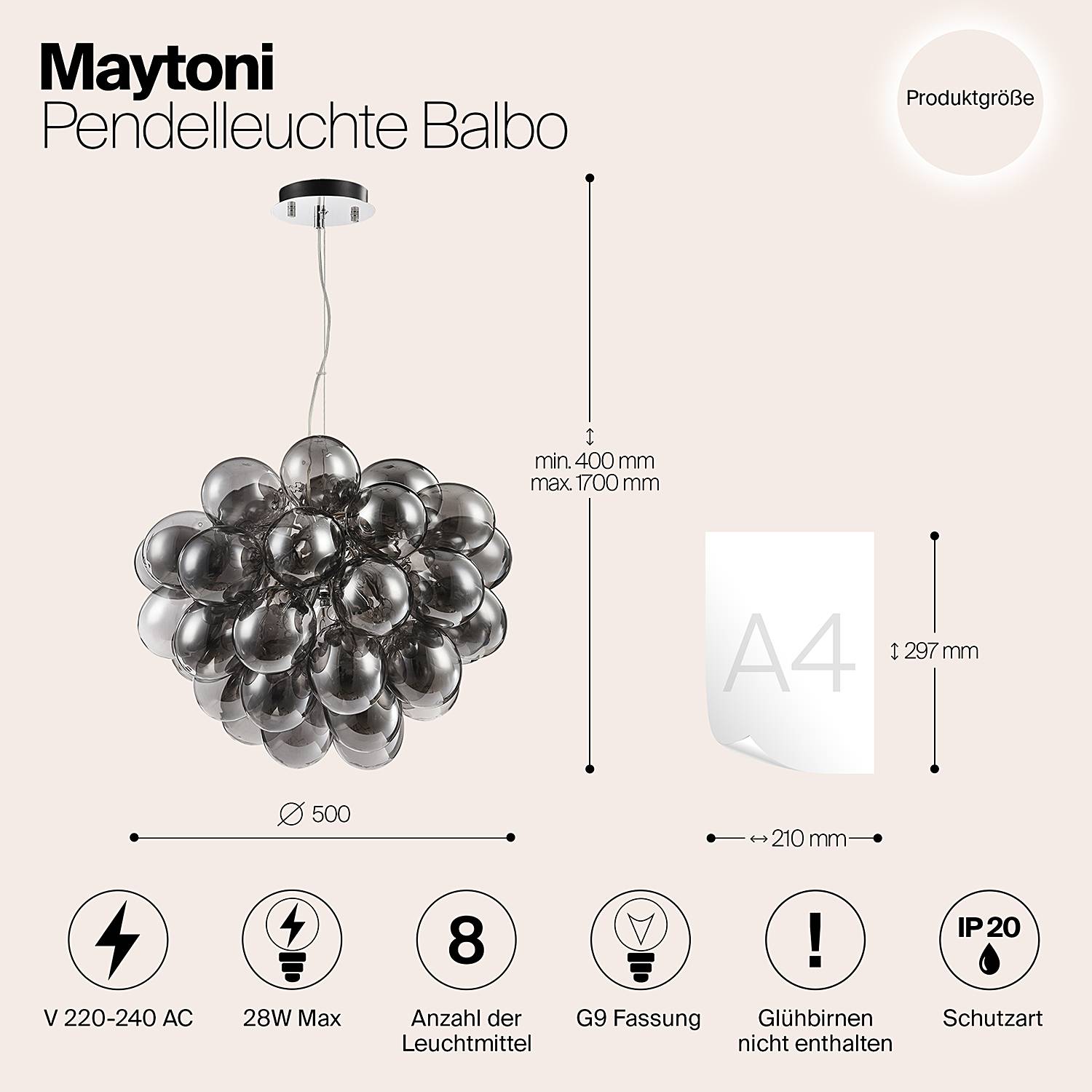 Pendelleuchte Balbo Rauchglas Schwarz