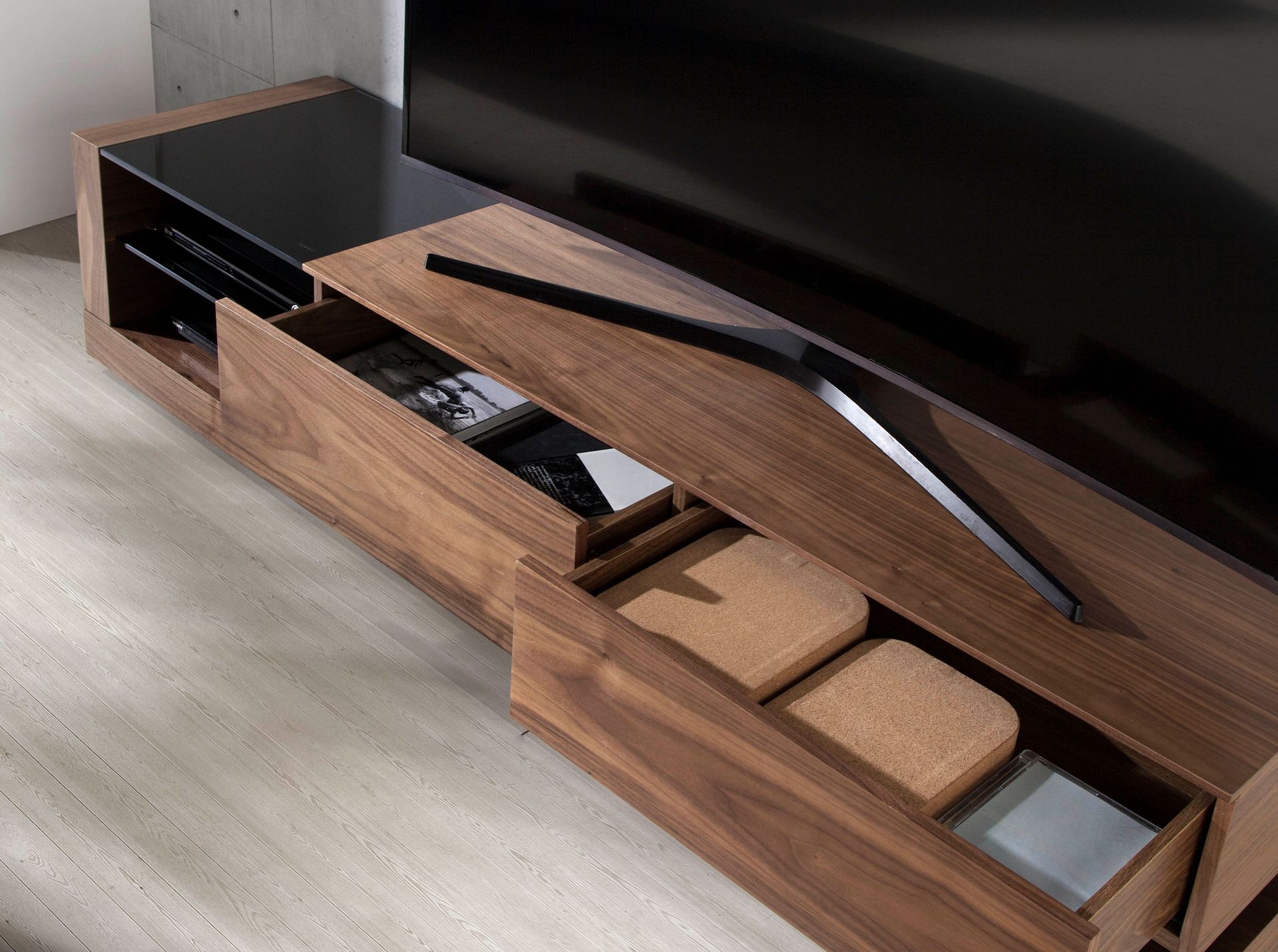 TV cabinet walnut, polished steel and black glass top 3139