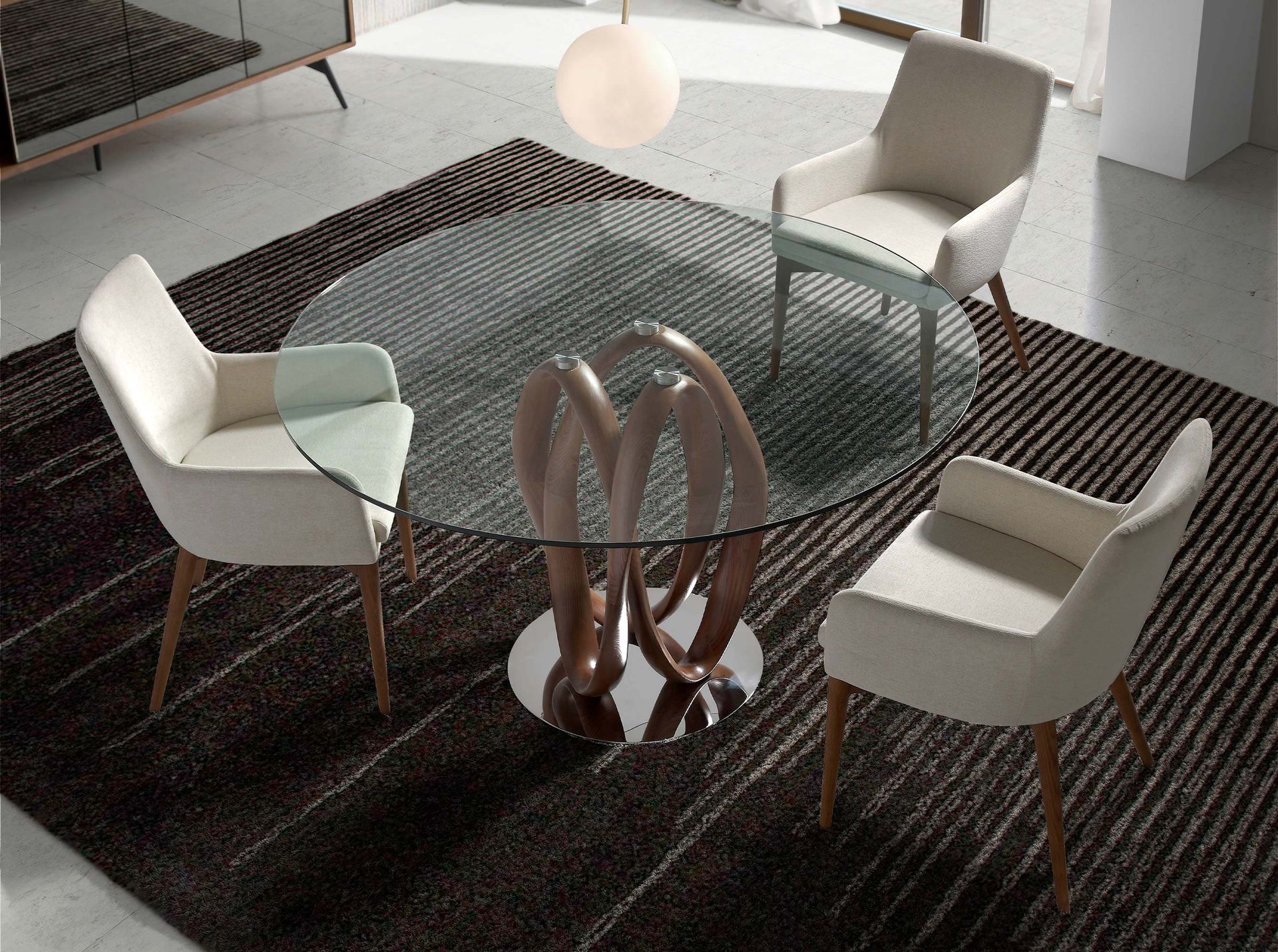Round dining table walnut wood glass Ø 120cm