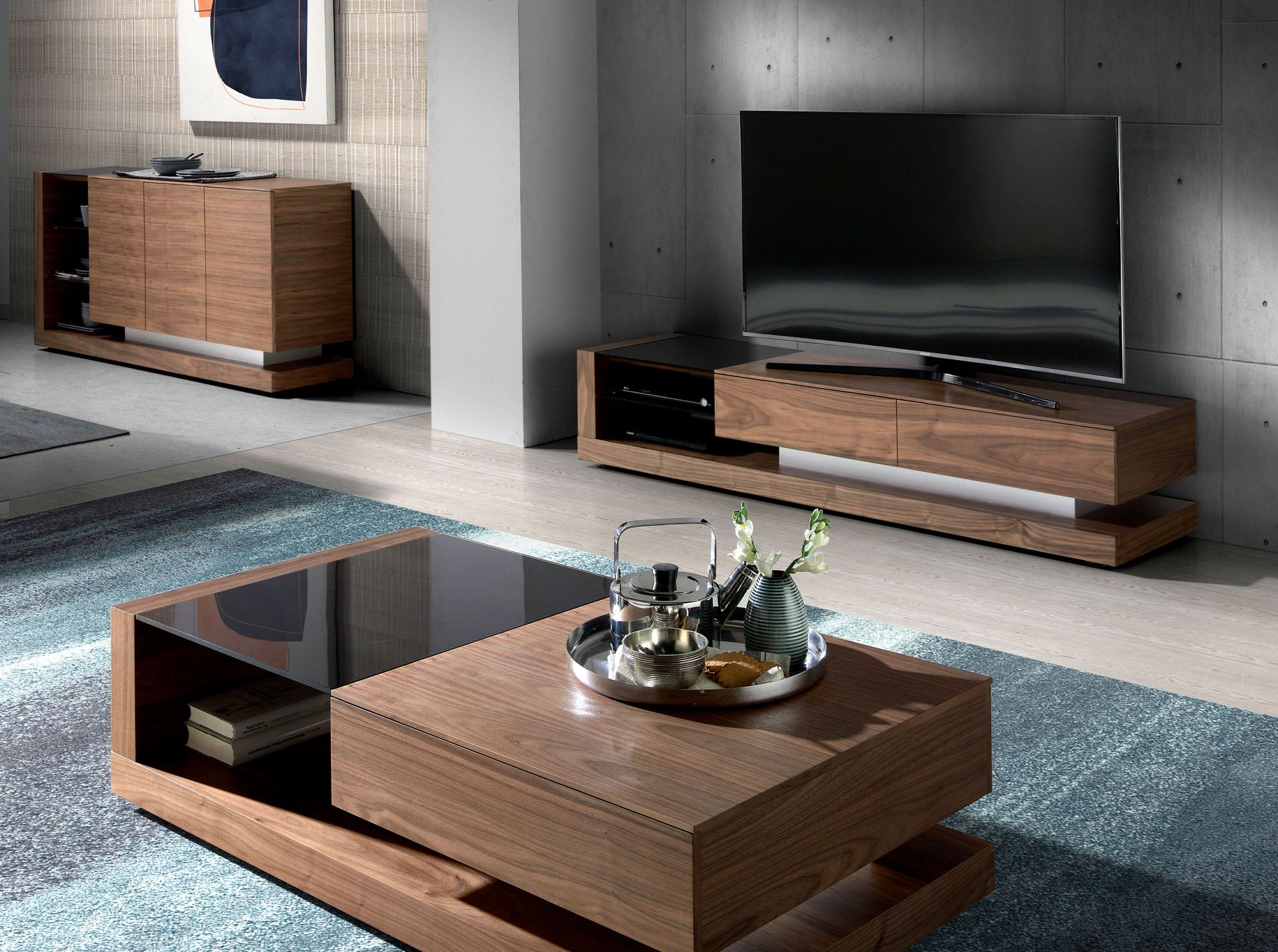 TV cabinet walnut, polished steel and black glass top 3139