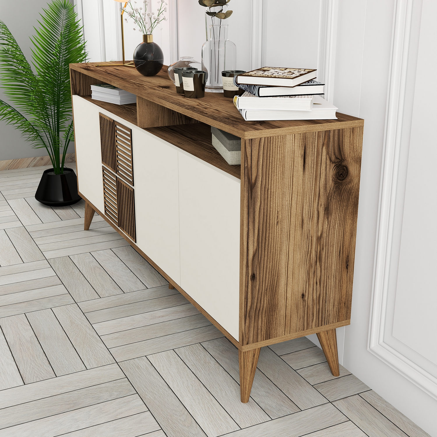 Milan Sideboard Walnussbraun Creme 160cm